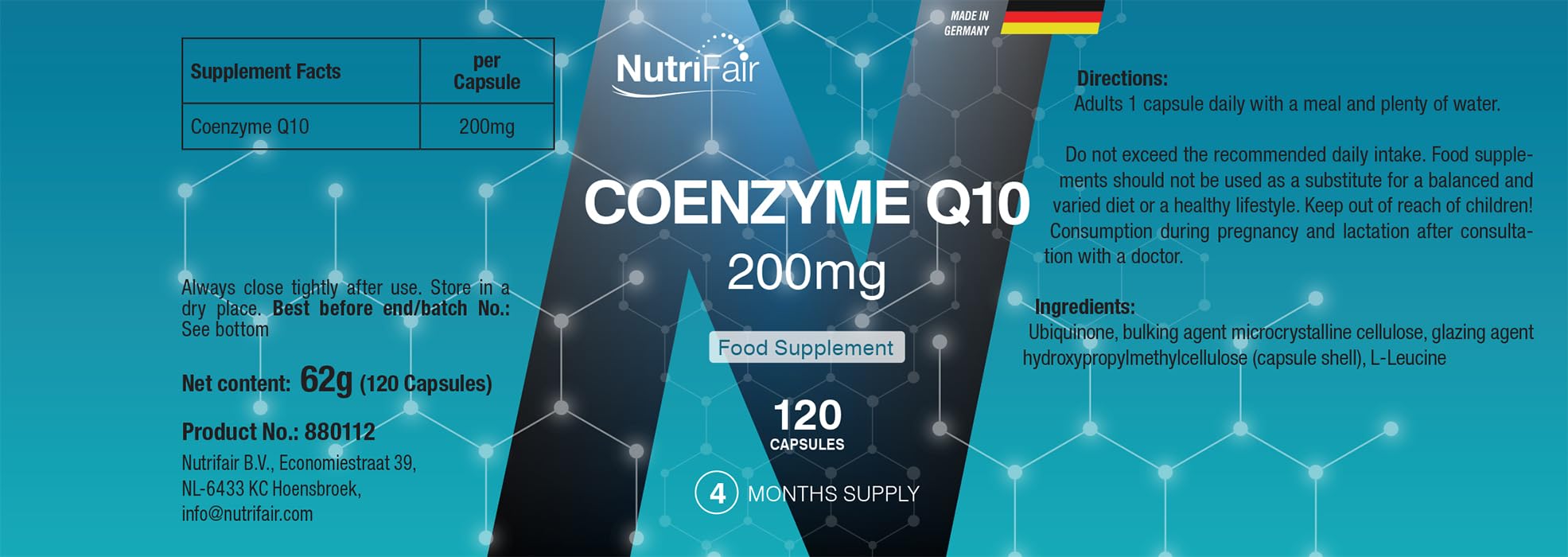 Koenzym Q10 200mg – 120 kapsułek – 200mg na kapsułkę – ubichinon – wysokie stężenie – w 100% wegański – produkcja niemiecka i badania laboratoryjne – NutriFair | Premium & Fair