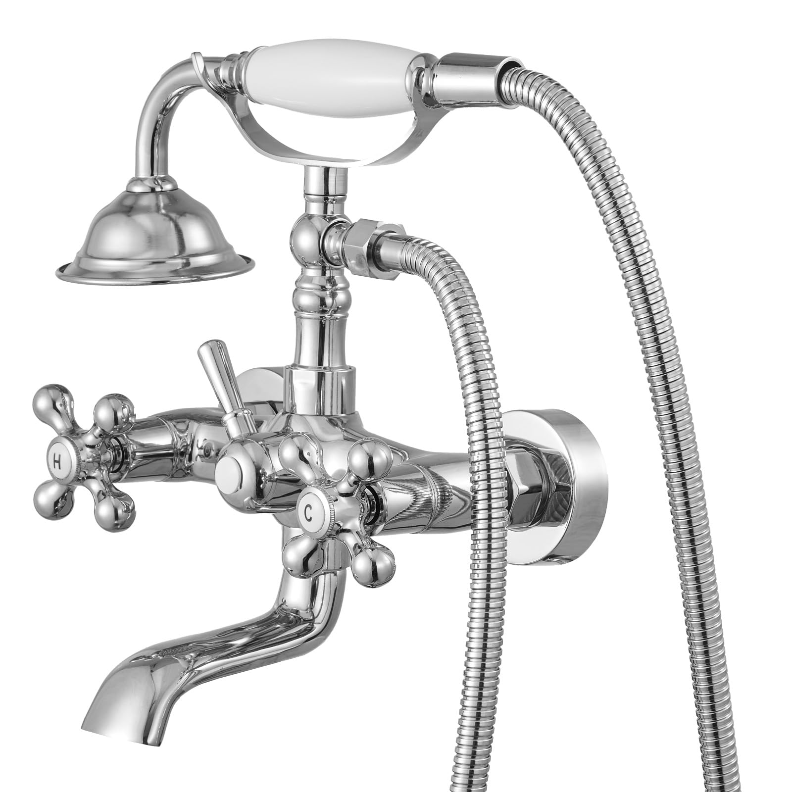 VEVOR Robinet de baignoire sur pattes avec douchette à main, ensemble de robinet de remplissage de baignoire en chrome poli vintage, montage mural, avec bras pivotants réglables et bec pivotant à 360°