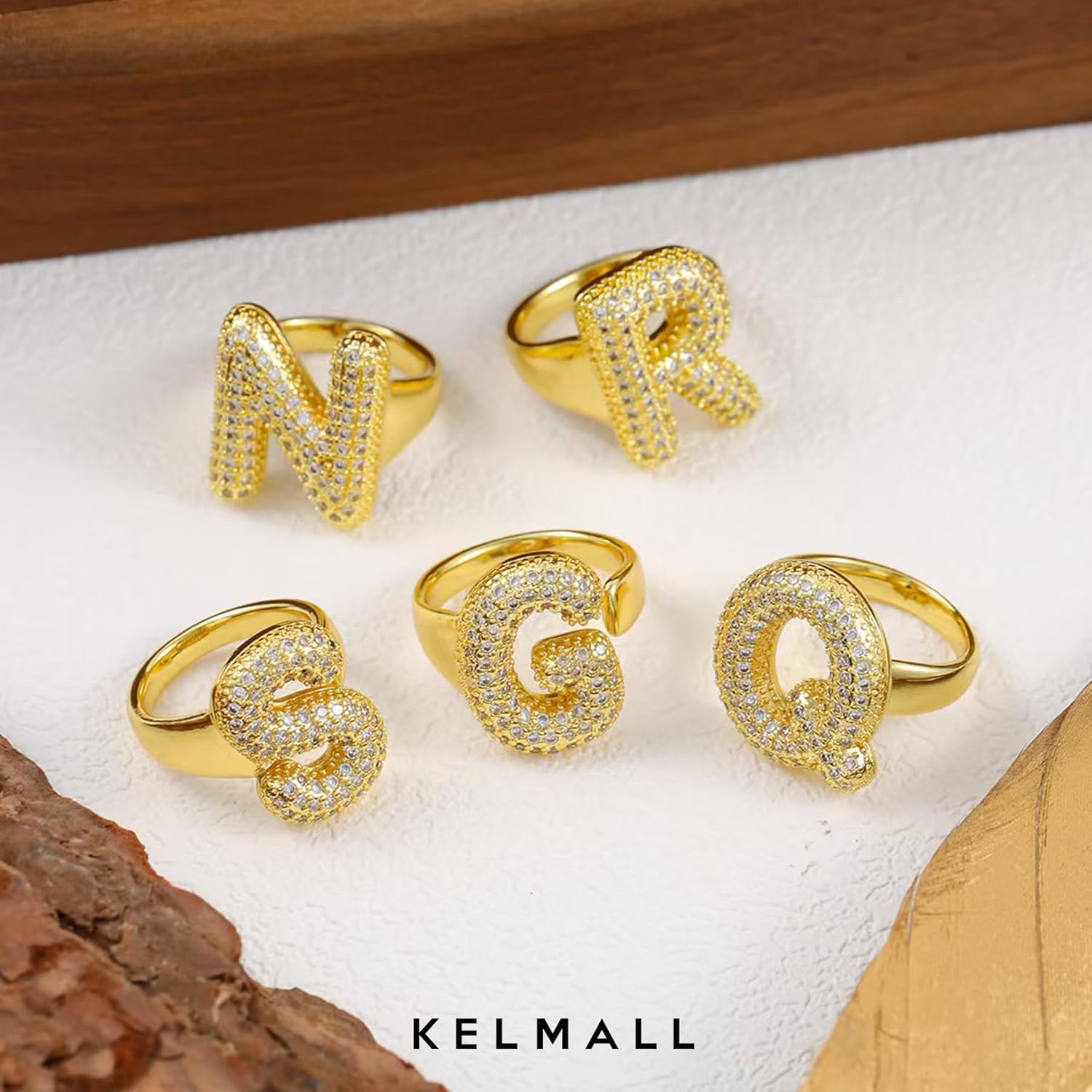 KELMALL Gold Plated Bubble Initial Rings for Women - CZ Rhinestone A-Z Letter Adjustable Chunky Statement Rings - Personalized Alphabet Jewelry Gift - Image 6