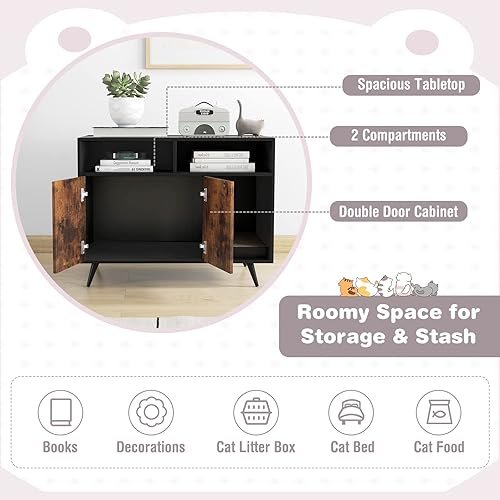 Miniatura 9 de Tangkula Caja de arena para gatos, muebles ocultos para baño para gatos con gabinete de doble puerta, compartimentos y almohadilla para rascar para