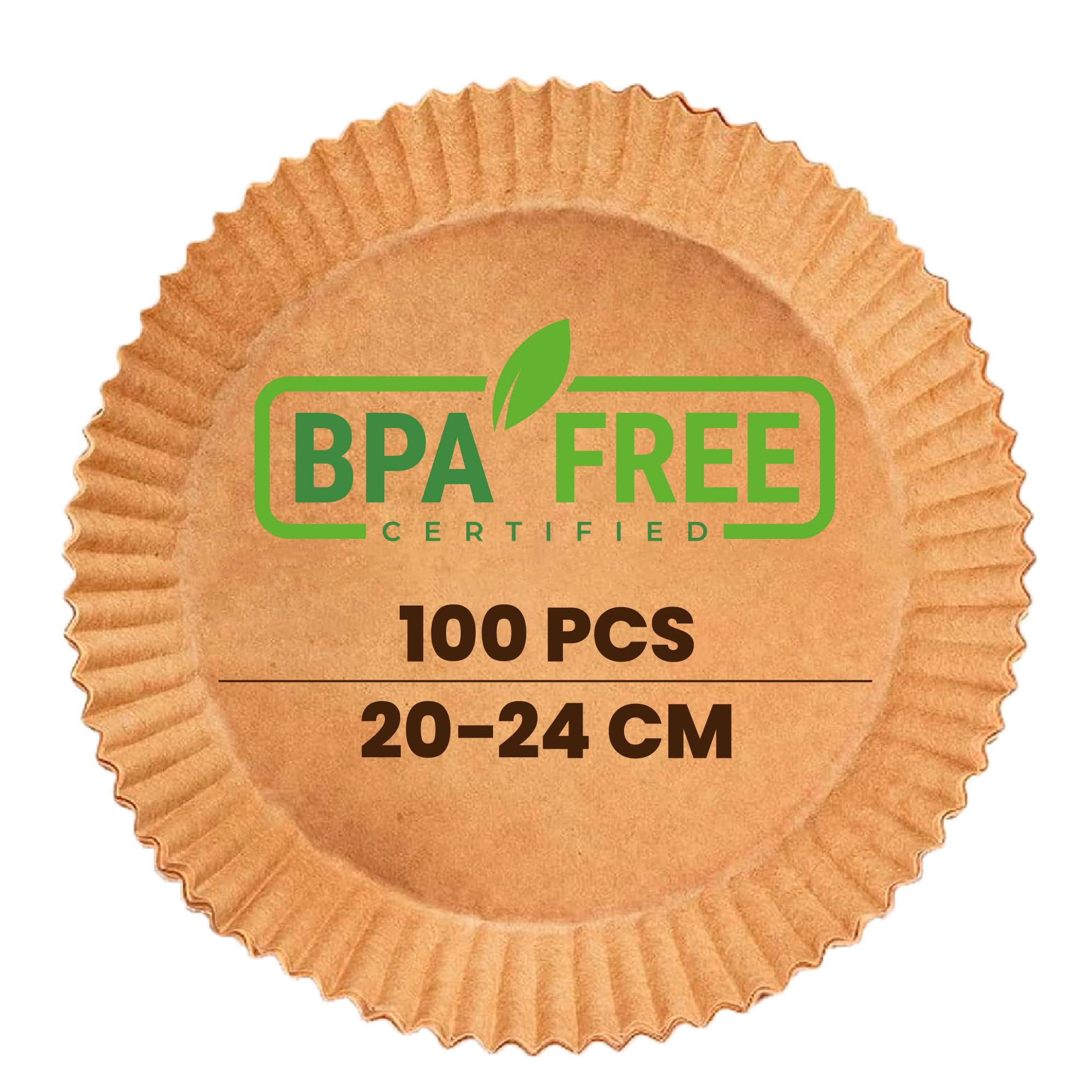PORTENTUM Air Fryer Liners 100PCS Disposable, Unbleached and Greaseproof. Suitable from 5 to 8 liters. Food-Grade use Baking Paper BPA Free, FDA, and LFGB Certified, BrownClimatePartner certified
