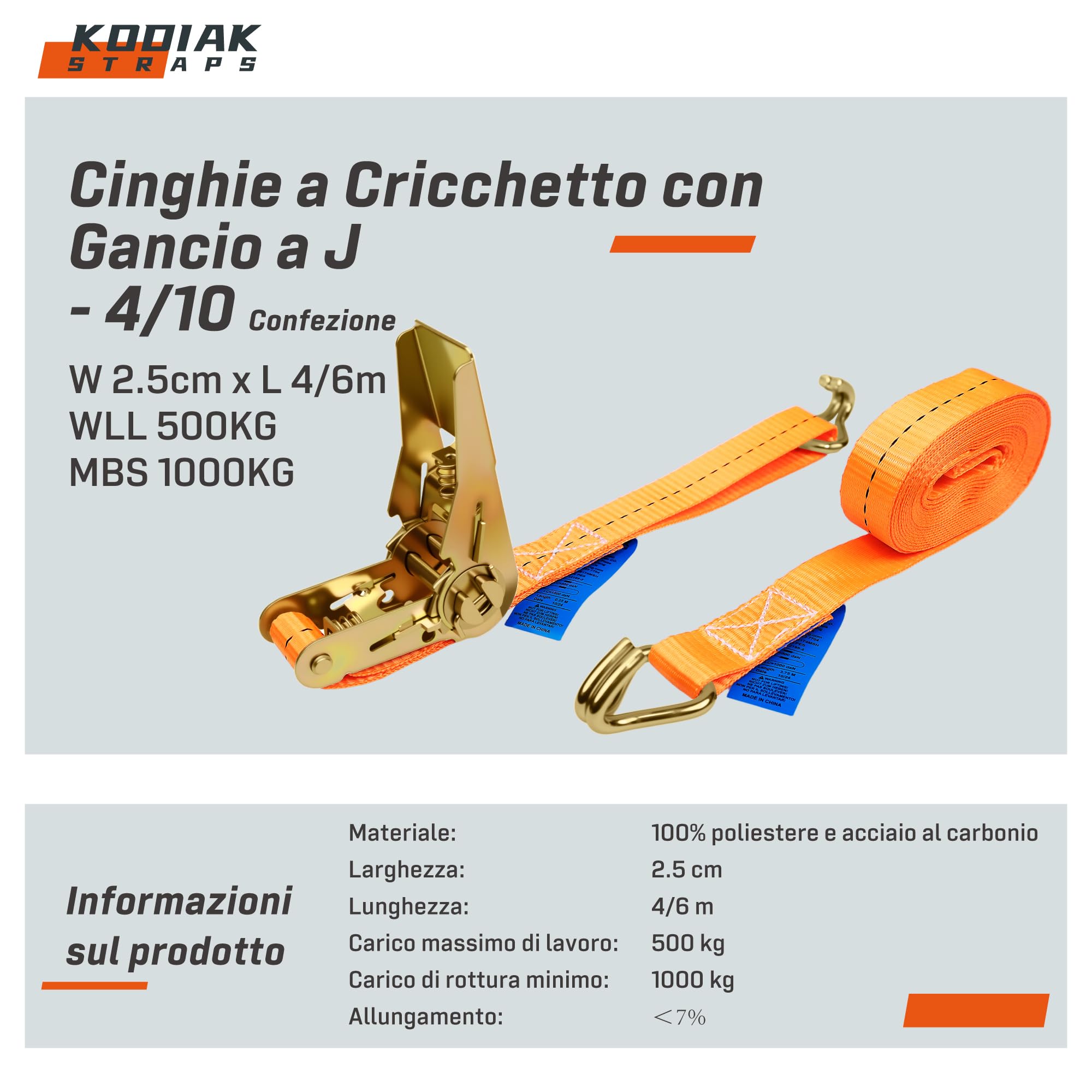 10 Cinghie di Tensione 4m x 1000kg con Cricchetto e Gancio - Cinghie a Cricchetto da 25mm - Cinghia Arancione per la Sicurezza del Carico - Certificato TÜV/GS e secondo DIN EN 12195-2 - KODIAK STRAPS