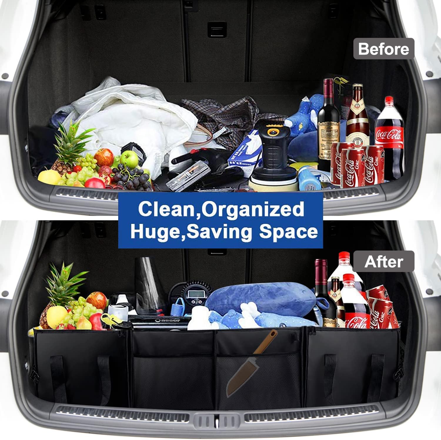 X-cosrack Trunk Organizer, Collapsible Multi-Compartment -Large Capacity Washable Car Storage Bag-with 2 Pack Portable Insulation Cooler Bag-To Suit SUV, Truck, Automotive, Any In-vehicle, Black