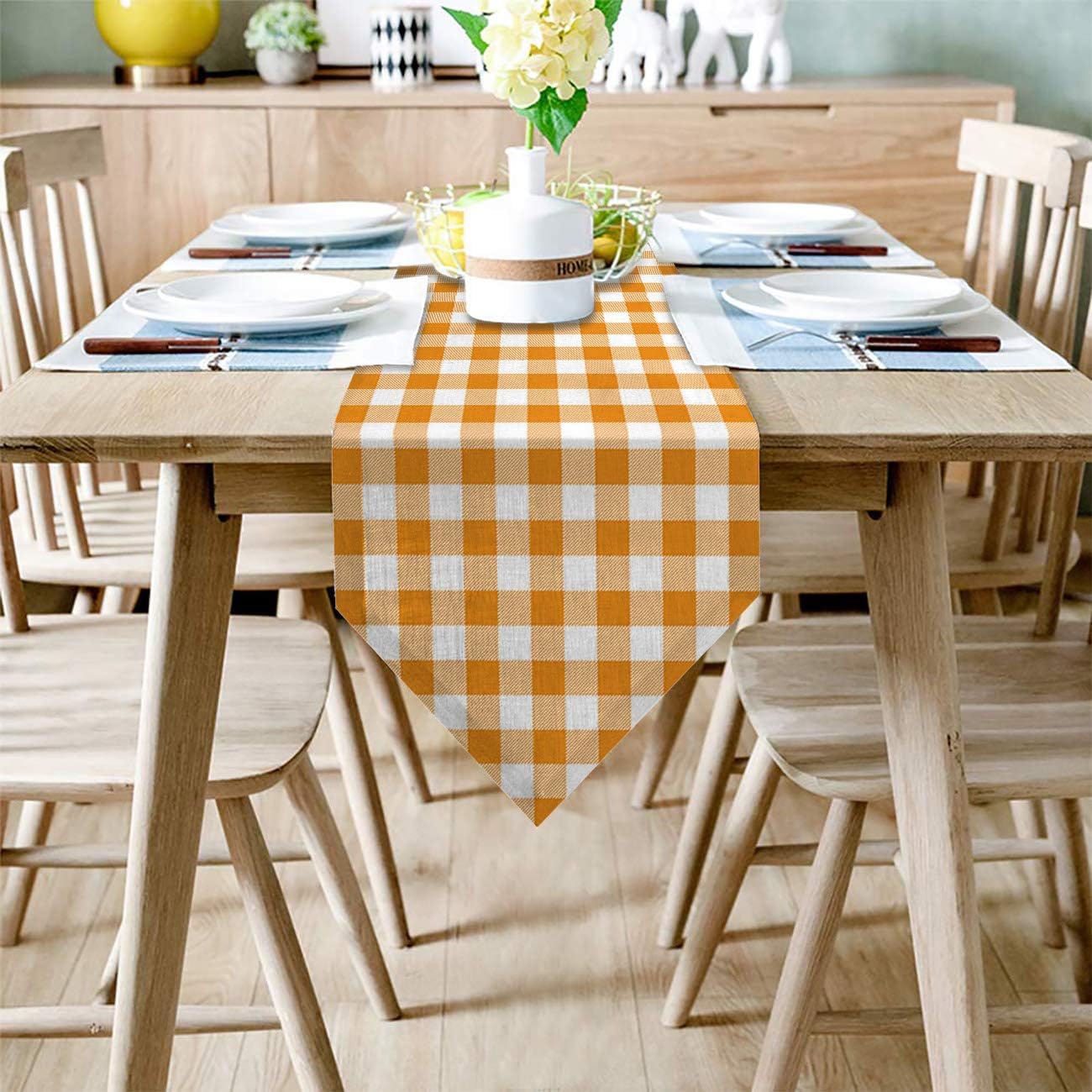 Burlap Table Runner for Holiday Party, Banquets, Easy to Clean Buffalo Plaid Checkered Orange and White Non-Slip Dining Table Runner for Kitchen Decor Everyday Use, Washable 13 by 120 Inch