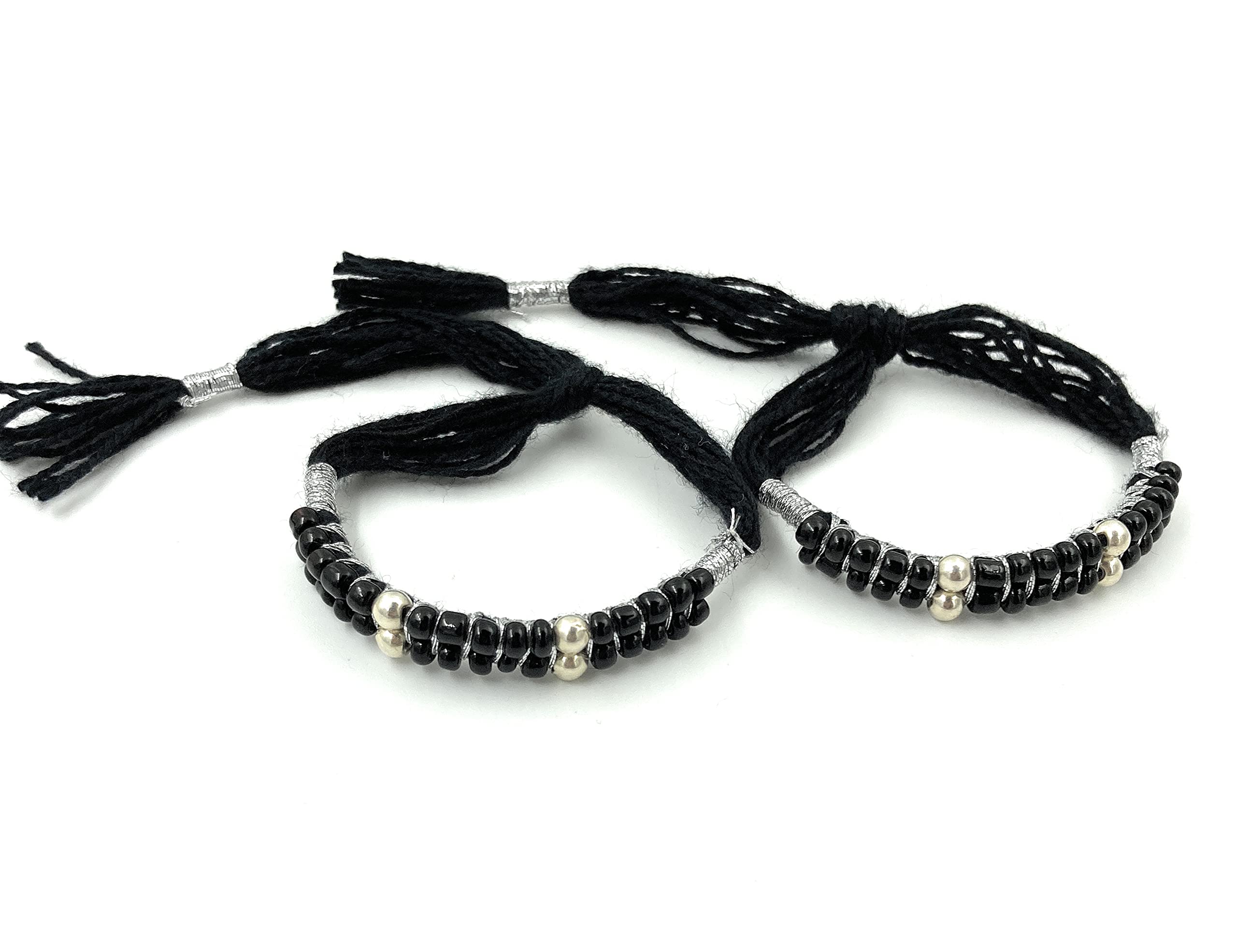 Vrindam Jewellers 925 Sterling Silver 4 Balls In Black Thread Handmade Nazariya Bracelet For New Born Baby Boys and Girls Adjustanble Comfortable (0-9 months)