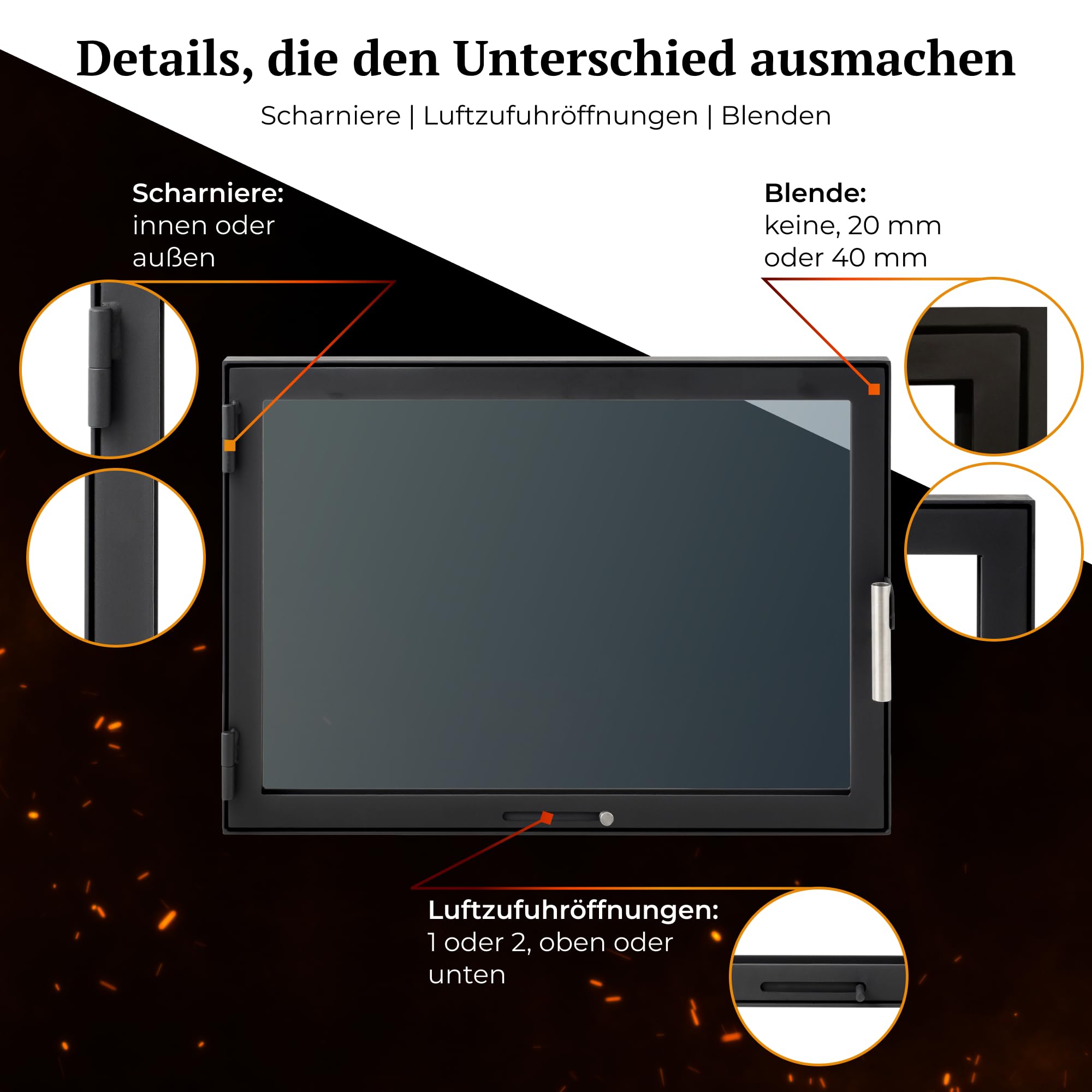 D3 | Slimline Kamintür nach Maß | Schmaler Rahmen | Tür für Kamin, Ofen, Grill und Räucherkammer | Hitzebeständiges Glas | Premium Stahltür mit Edelstahl-Zubehör
