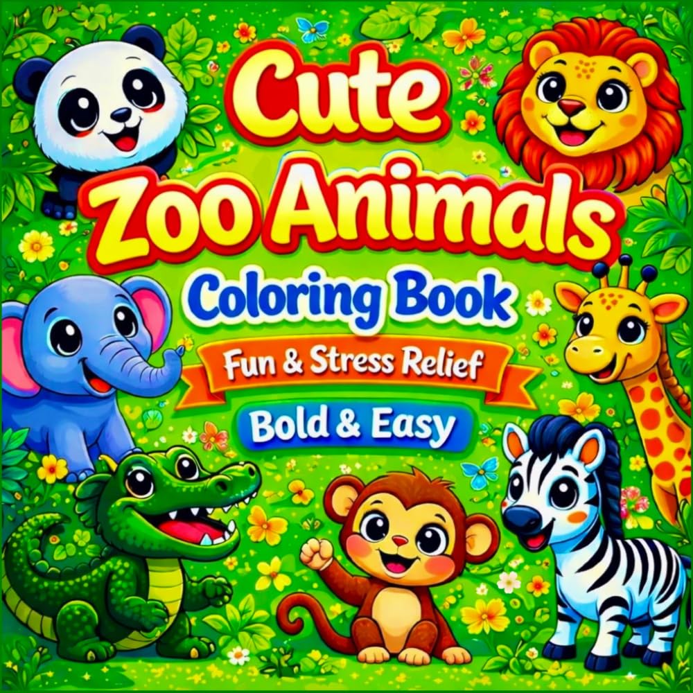 Cute Zoo Animals: Coloring Book Fun & Stress Relief for Kids and Adults, Bold & Easy, Kawaii Zoo Animals for Relaxation (Bold & Easy Cute Coloring Books for Kids and Adults)