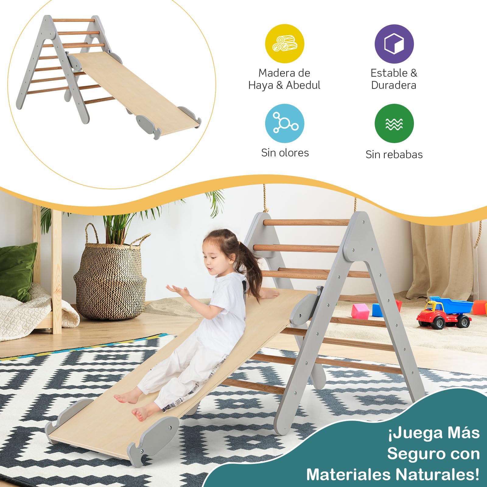 COSTWAY 3 en 1 Triángulo de Escalada con Rampa Ajustable para Escalar y Deslizarse, Escalador Triangular de Madera, Juguetes Triangulares de Escalada para Niños