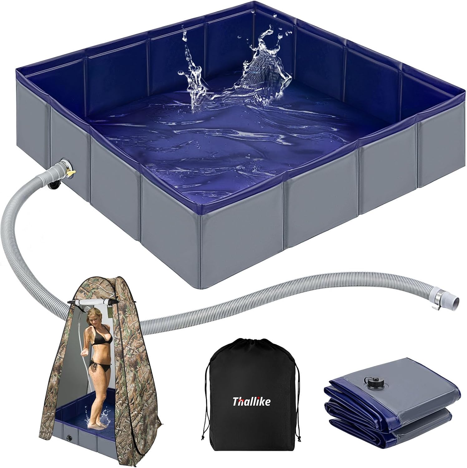 Upgraded Portable Shower Pan, 41" x 41" x 10" Outdoor Shower Base with Detachable Drain Pipe, Foldable Camping Shower Base for Beach, RV, and Indoor