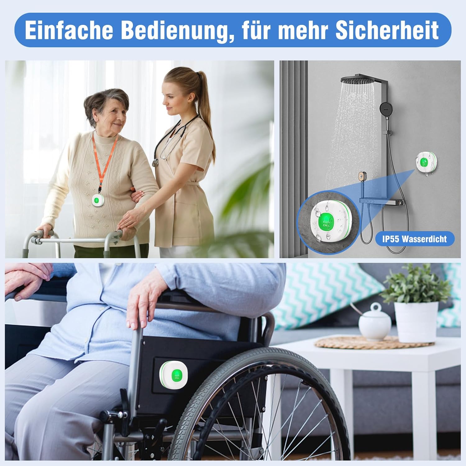 A triptych of images showing the call button's versatility: a patient with a caregiver, the button mounted in a shower (highlighting its IP55 waterproof rating), and attached to a wheelchair.