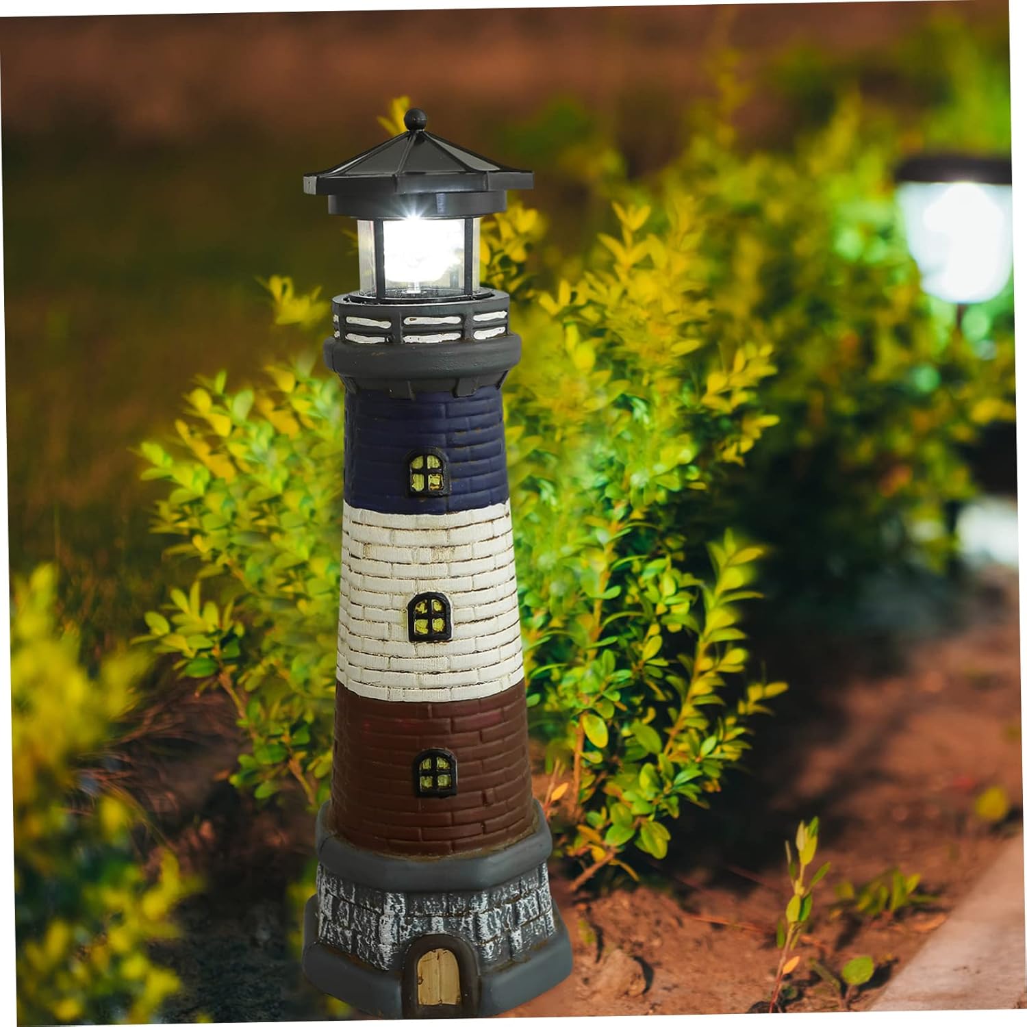 DOITOOL Solar Powered Resin Lighthouse Statue with Outdoor Garden Light Nautical Patio Lawn Ornament for Decor Energy Saving Solar Lighthouse Accessory