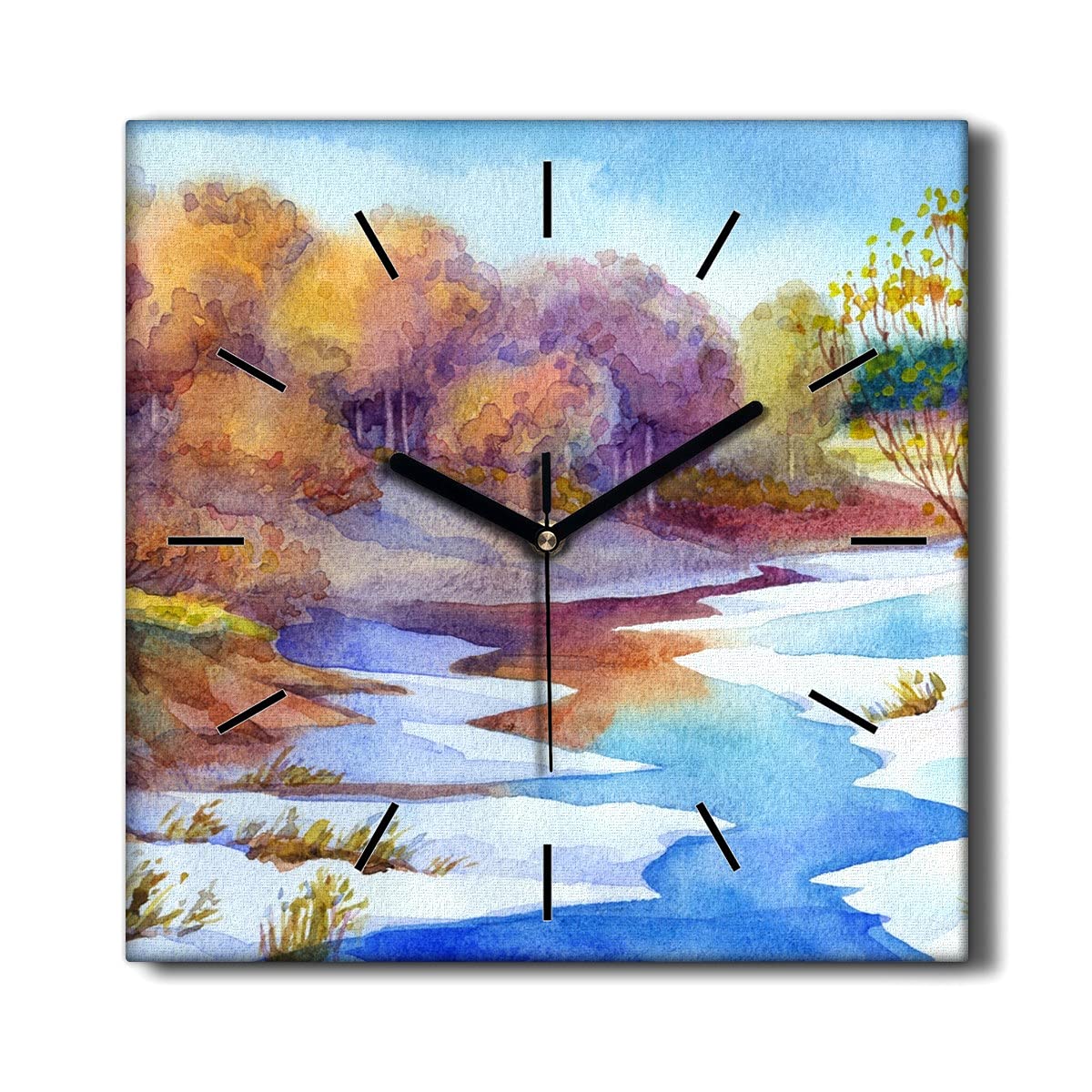 Horloge sur Toile 30x30cm Coloray rivière arbre aquarelle pour décoration murale de salon
