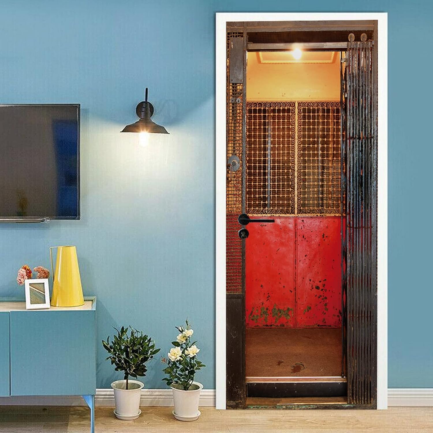 3D Door Stickers for Interior Doors Old Elevator Interior Vinyl Waterproof Self Adhesive Door Mural Decals for Bedroom Office Bathroom 95 x 215 cm