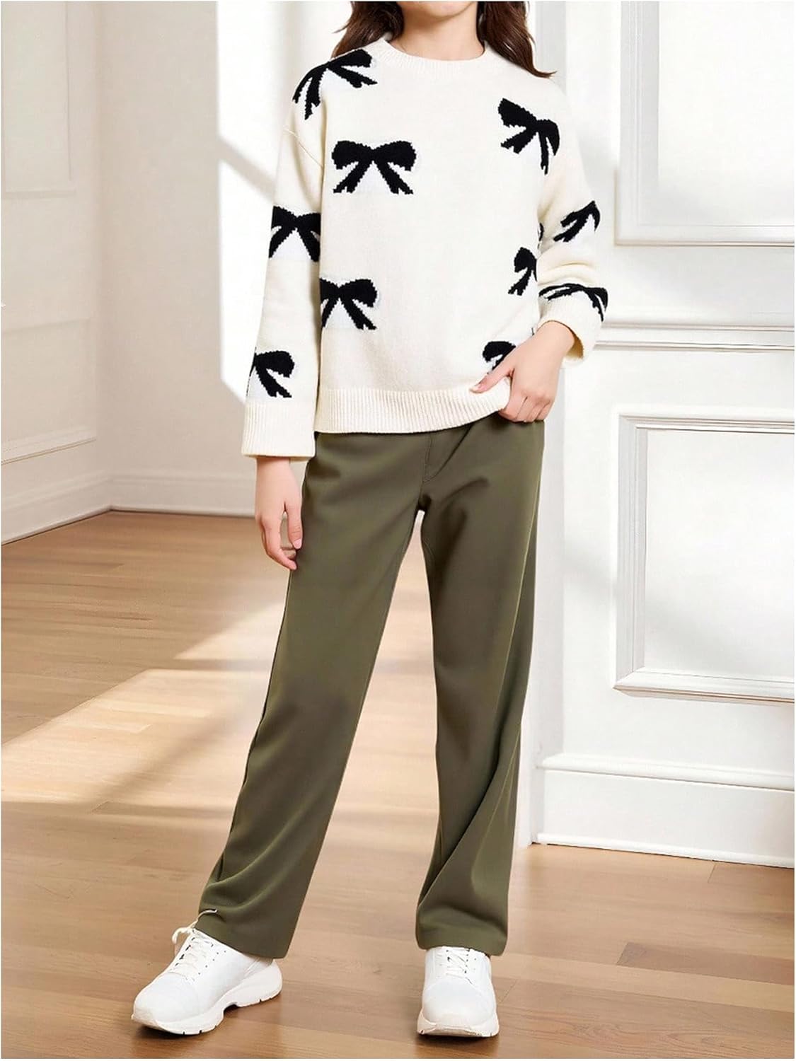 Girl's Cute Bow Sweater Crew Neck Long Sleeve Drop Shoulder Loose Pullover Tops - Image 6