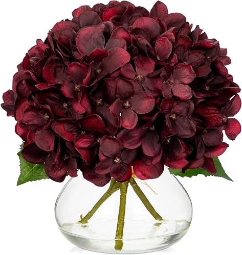 Hollyone Dark Red Fall Hydrangea Artificial Flowers for Decoration in Glass Vase Autumn Silk Faux Flower Arrangements with Faux Water Table Centerpiece Vase with Fake Flowers Fall Decorations for Home