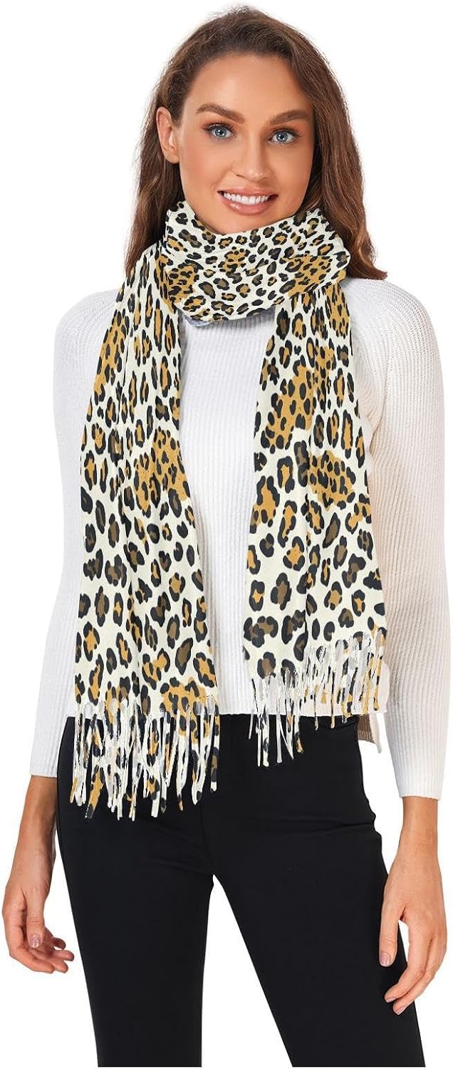 Winter Scarf for Women Leopard Pattern Yellow Brown Fashion Tassel Shawl Wraps for Women, Cold Weather Warm Womens Scarves Soft Long Scarf