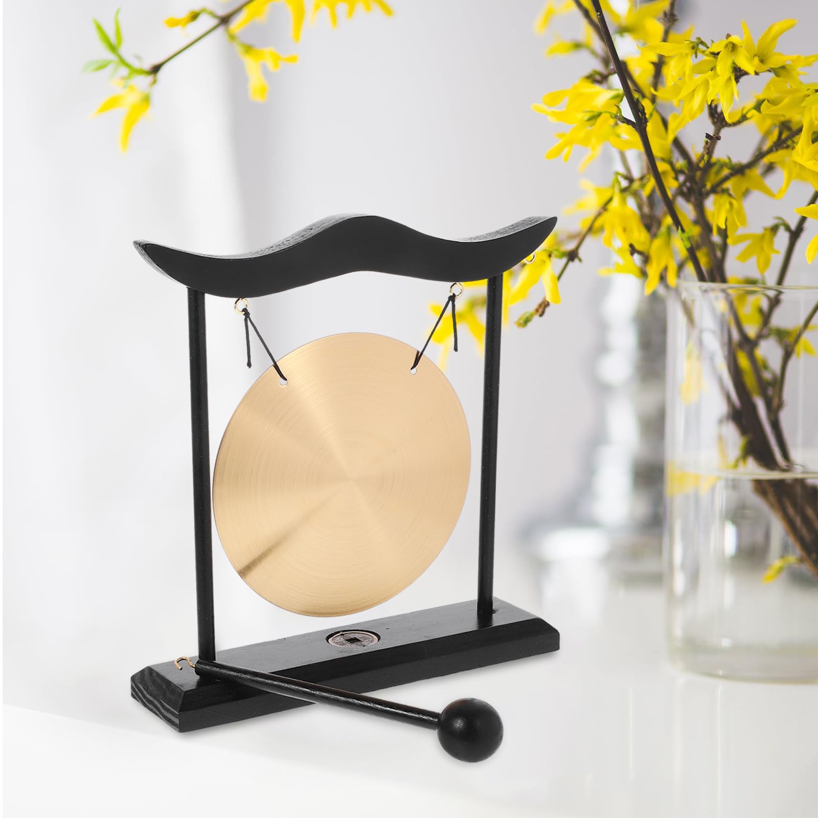 Eleganter Zen Tischgong aus Kupfer und Holz Dekorative Tischglocke mit Ständer Zuverlässiges Feng Shui Geschenk für Büro und Wohnzimmer zum Einzug