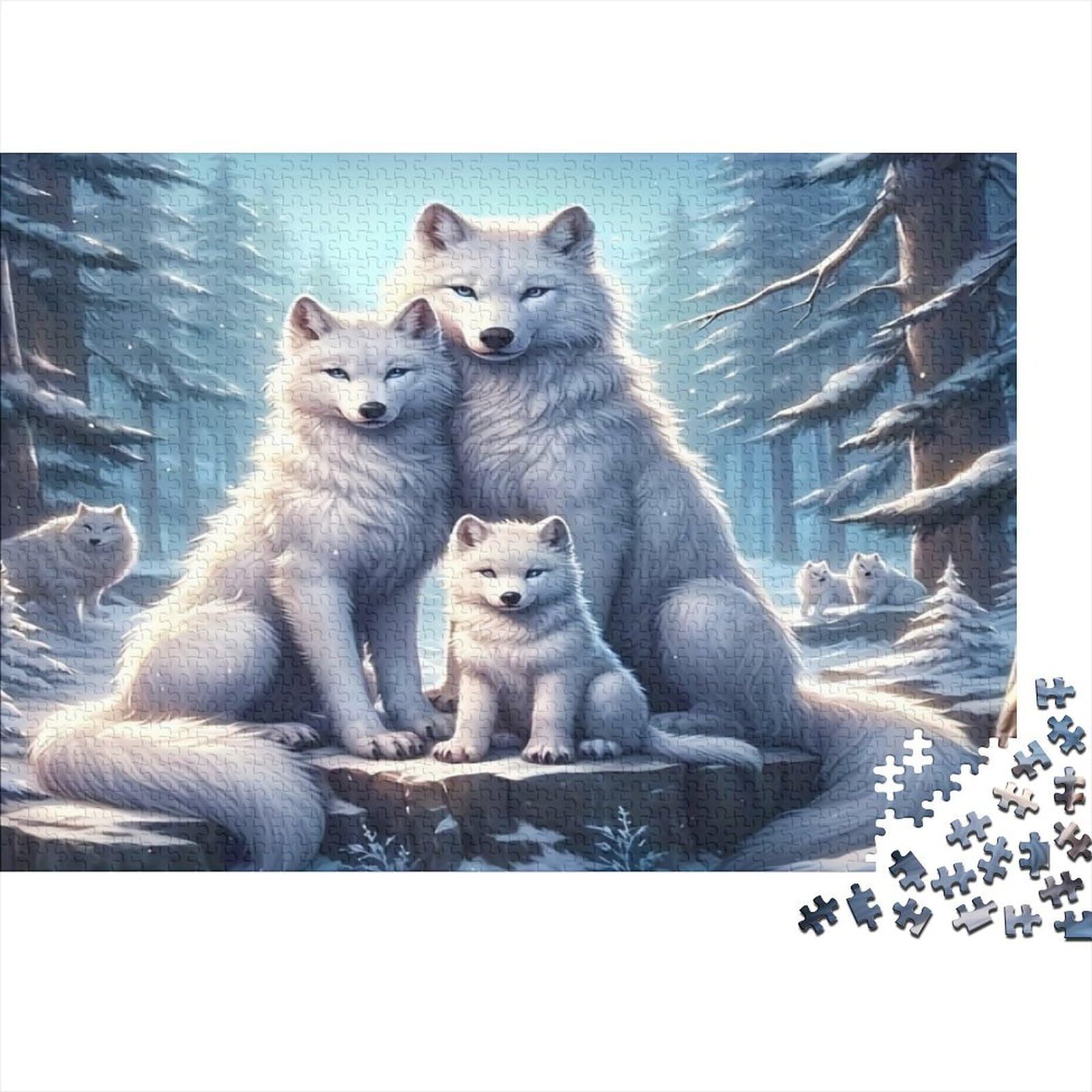 White Wolf Family Forest 1000 Piece Jigsaw Puzzle Jigsaw Puzzle for Adults Winter Scene Puzzle Game for Family 38x26cm/1000pcs