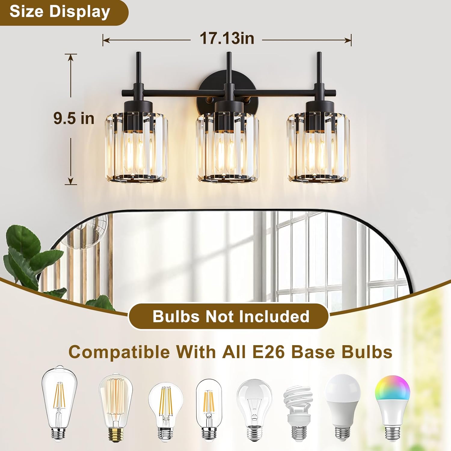 3 Light Black Crystal Vanity Light, Modern Bathroom Vanity Light Over Mirror, Up and Down Mount Wall Sconce Lighting for Bathroom Bedroom Living Room Hallway