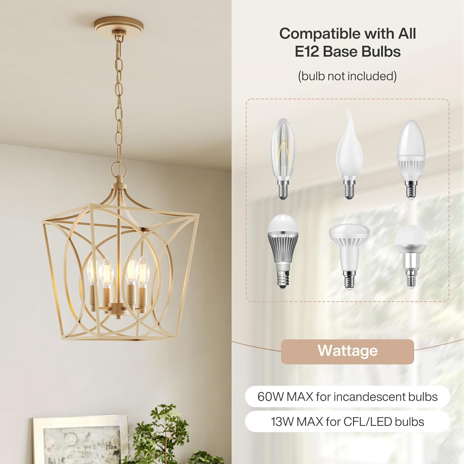 Tribesigns 4-Light Farmhouse Chandelier, Gold Rustic Metal Cage Adjustable Industrial Hanging Pendant Light Ceiling Fixture for Kitchen Island, Dining Room, Entryway UL Listed, E12 Base