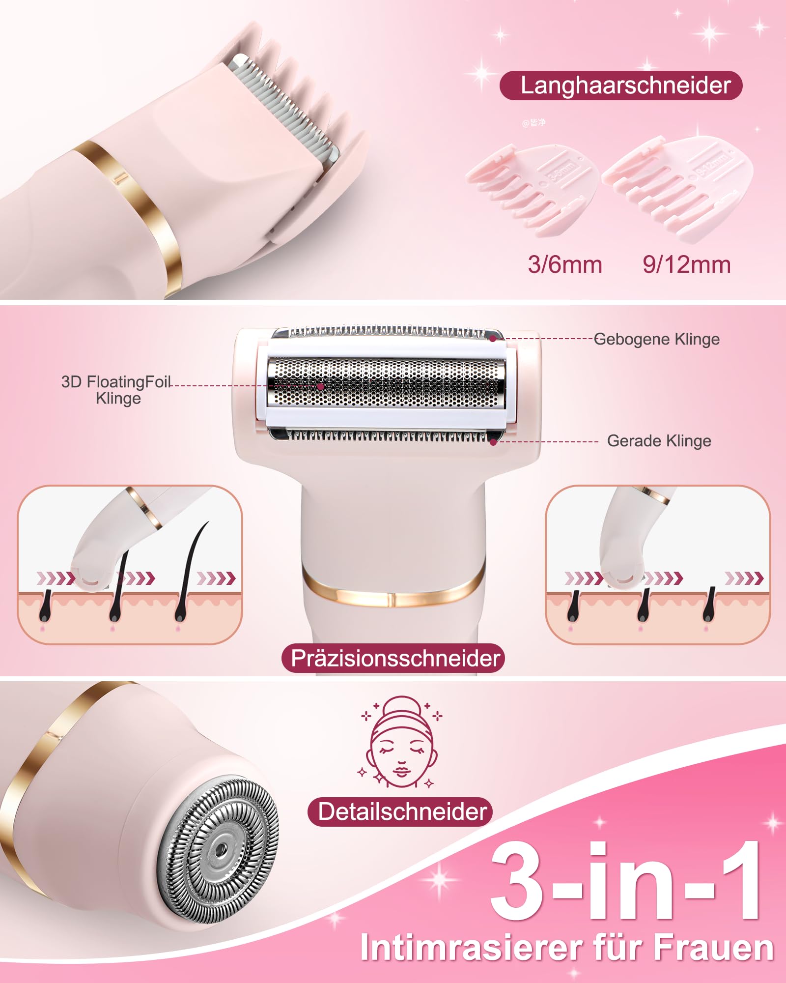Rasierer Damen,3-In-1 Intimrasierer für Frauen,Gesichtshaarentferner für Frauen,Damenrasierer Elektrisch für Beine, Arme, Achseln und Bikinizone,Wiederaufladbarer Ipx7 Wasserdicht Trimmer Damen, Rosa