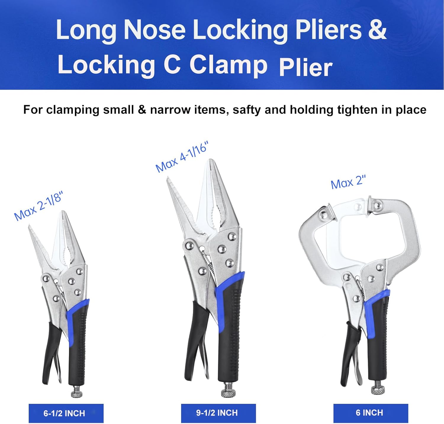 ACOSEA Vice Grips,6-Pack Vise Grip Pliers 5"/7"/10"Curved Jaw Locking Pliers,6-1/2"& 9-1/2" Needle Nose Pliers Set and 6" C-Clamp for welding,Woodworking, Metal Working