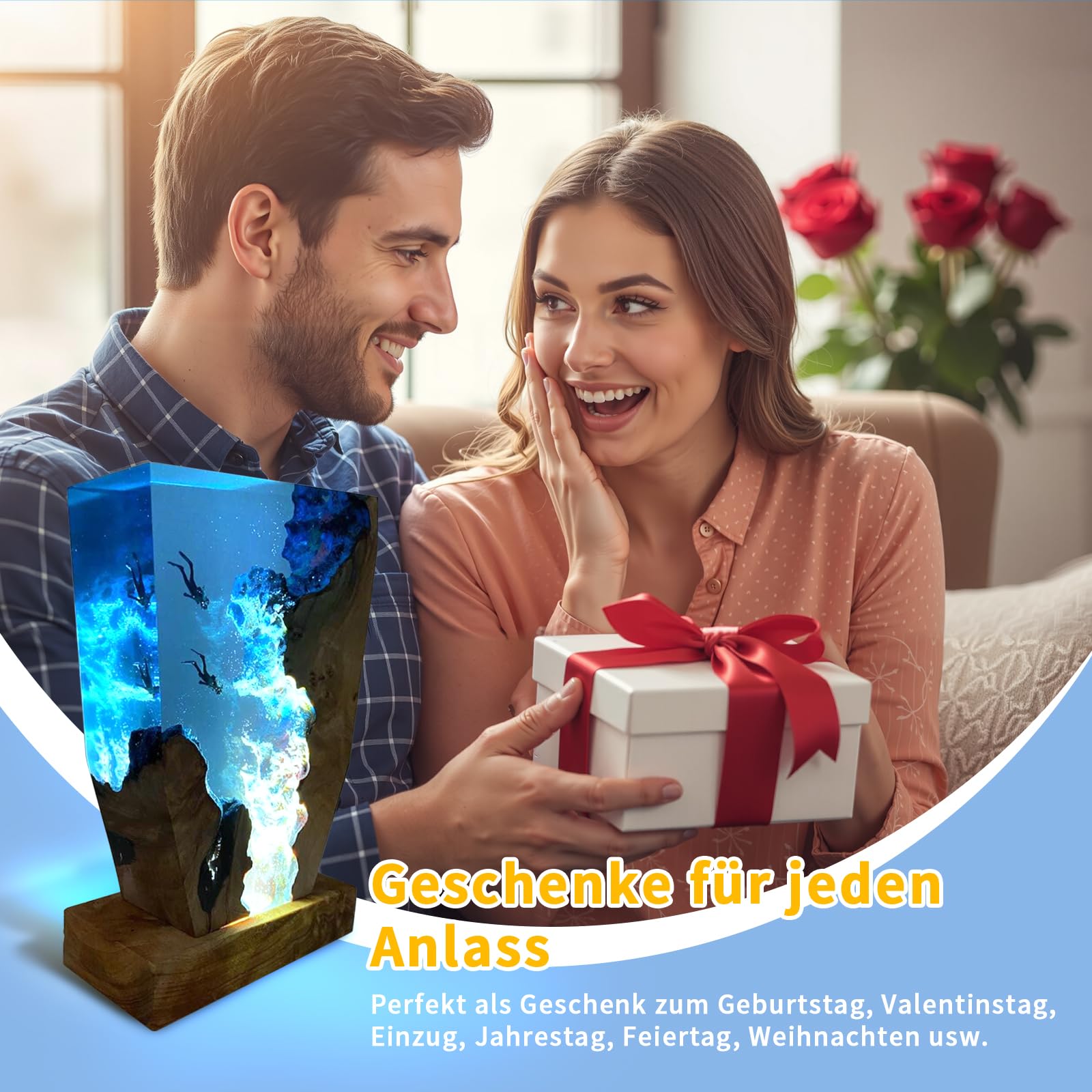Lámpara de resina oceánica 3D, lámpara de mesa hecha a mano de madera y resina, objetos de arte con conexión USB para decoración del hogar y la oficina, idea de regalo para buzos para cumpleaños o