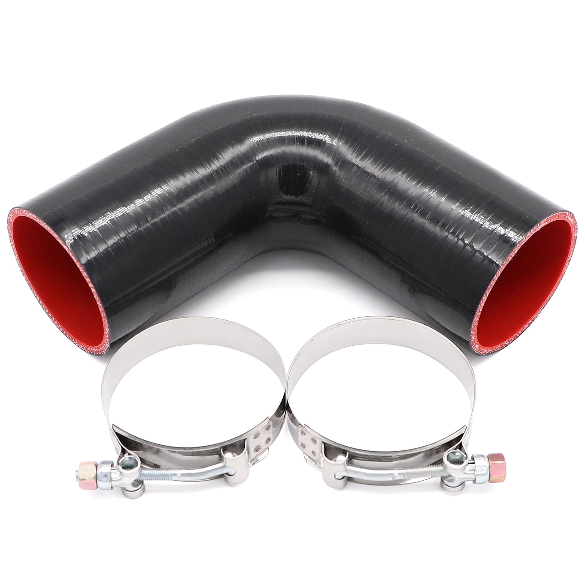 Łącznik kolanowy 90 stopni wąż silikonowy 4-warstwowy 70 mm do rur turbo/intercoolera/dolotowych, długość 102 mm grubość 5 mm z zaciskiem śrubowym w kształcie litery T