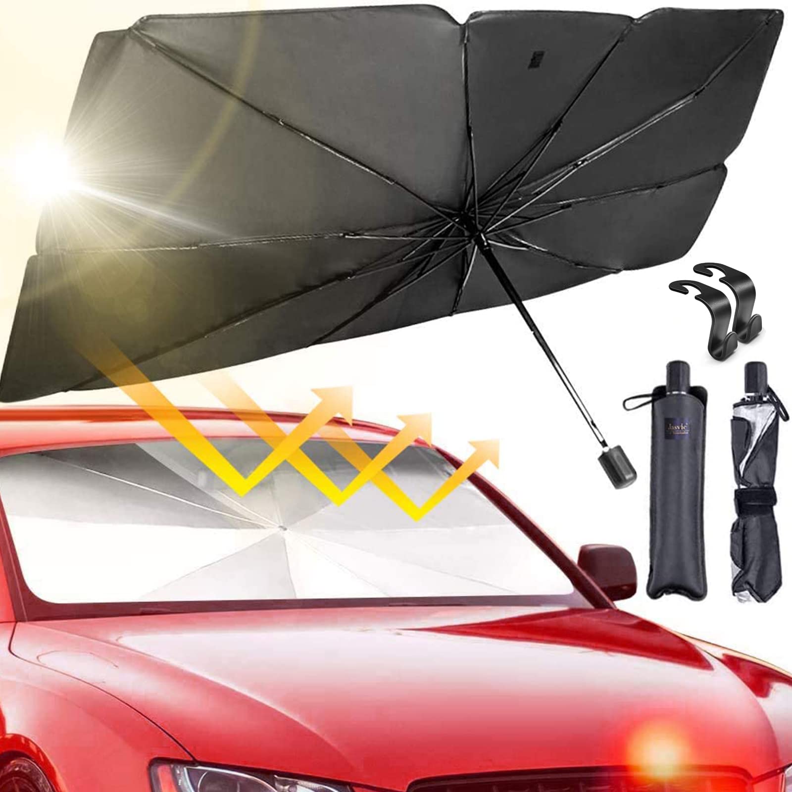 Car Windshield Sun Shade Umbrella, Foldable Car Front Window Sunshade Umbrella, Automotive Interior Sun Protection, UV Rays Block With 2pcs Car Seat Headrest Hooks(57 x 31 In)
