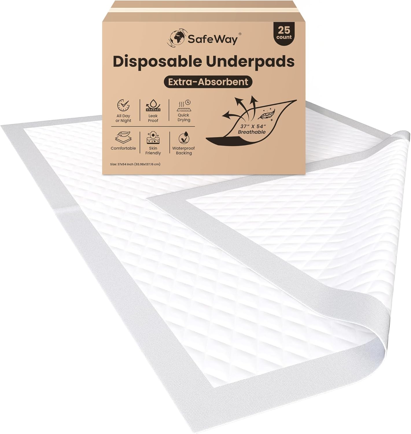 SafeWay 37"x54" Heavy-Duty Underpads - Overnight Protection, Supports Up to 400 lbs, Ultra Absorbent, Waterproof, Hypoallergenic, Medical-Grade Incontinence Bed Pads for Adults, 25 Ct