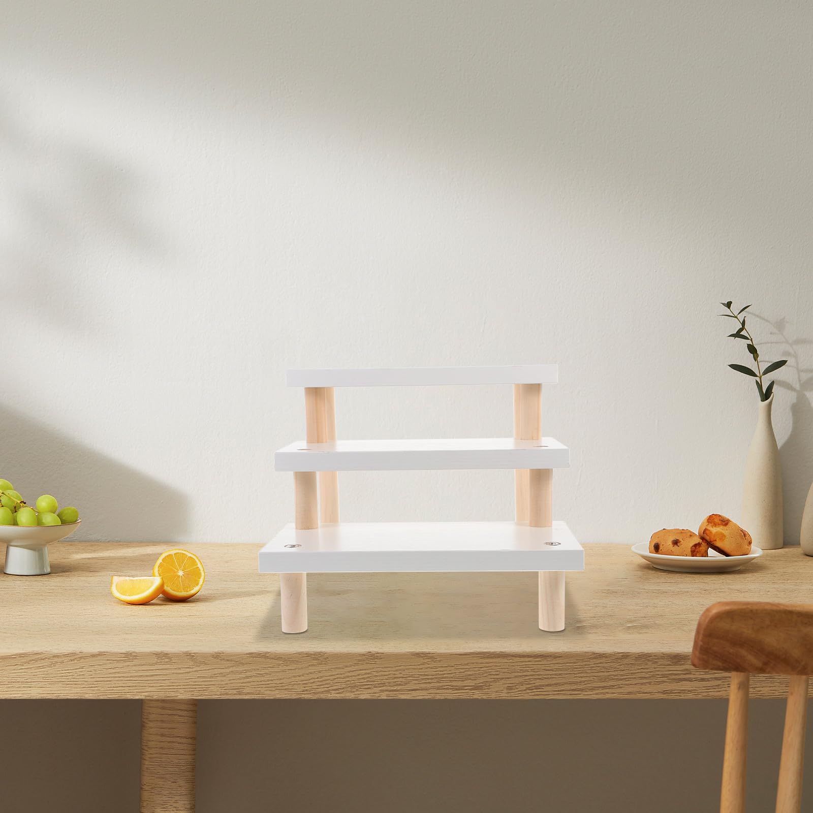 POPETPOP Holz Displayständer 3 stufig Tisch Organizer aus Massivholz 24x12cm Weiß Präsentationsregal für Figuren und Dekoration