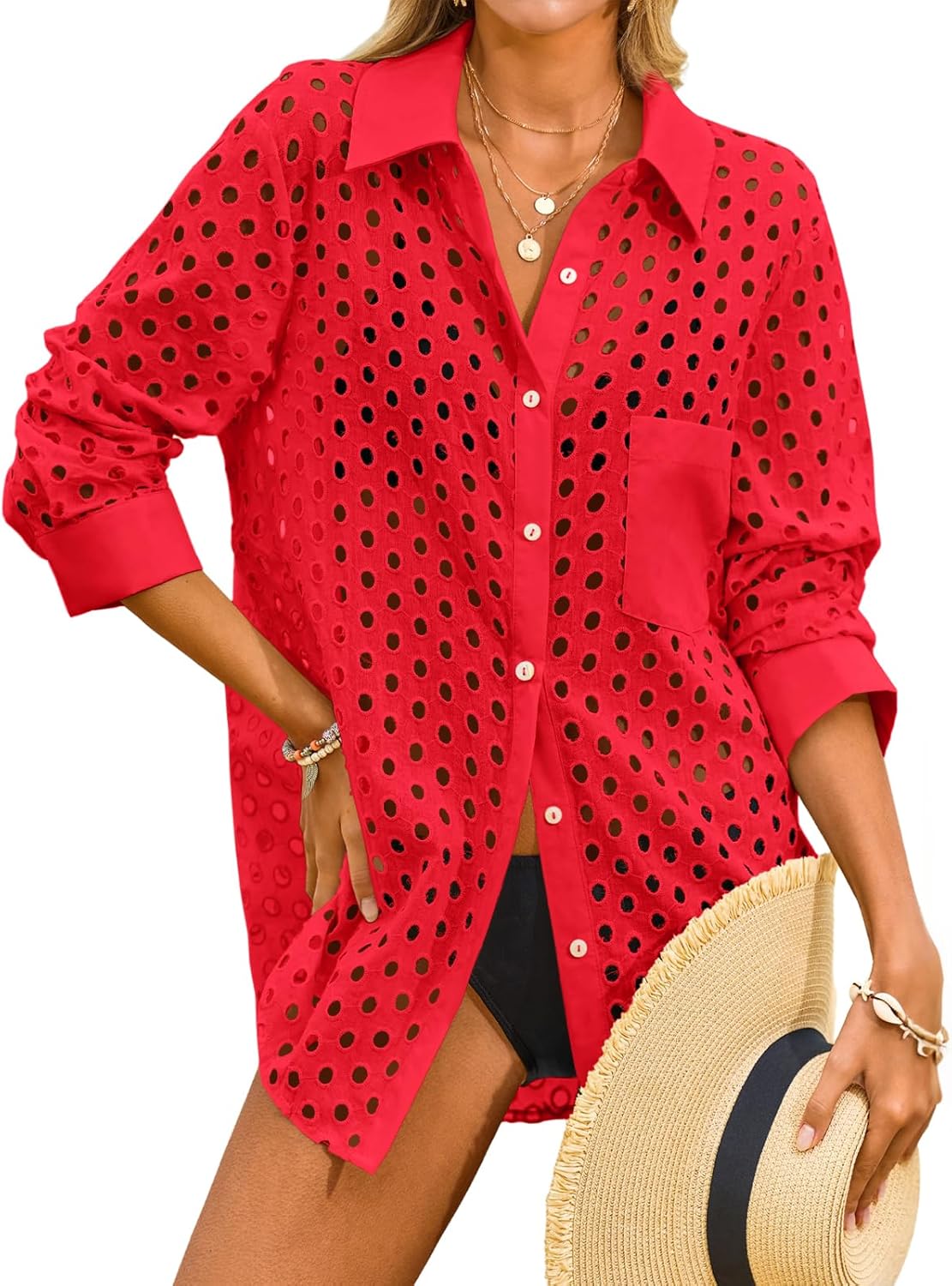 Fisoew Womens Hollow Out Swimsuit Coverup Shirt Button Down Bathing Suit Cover Ups Beachwear