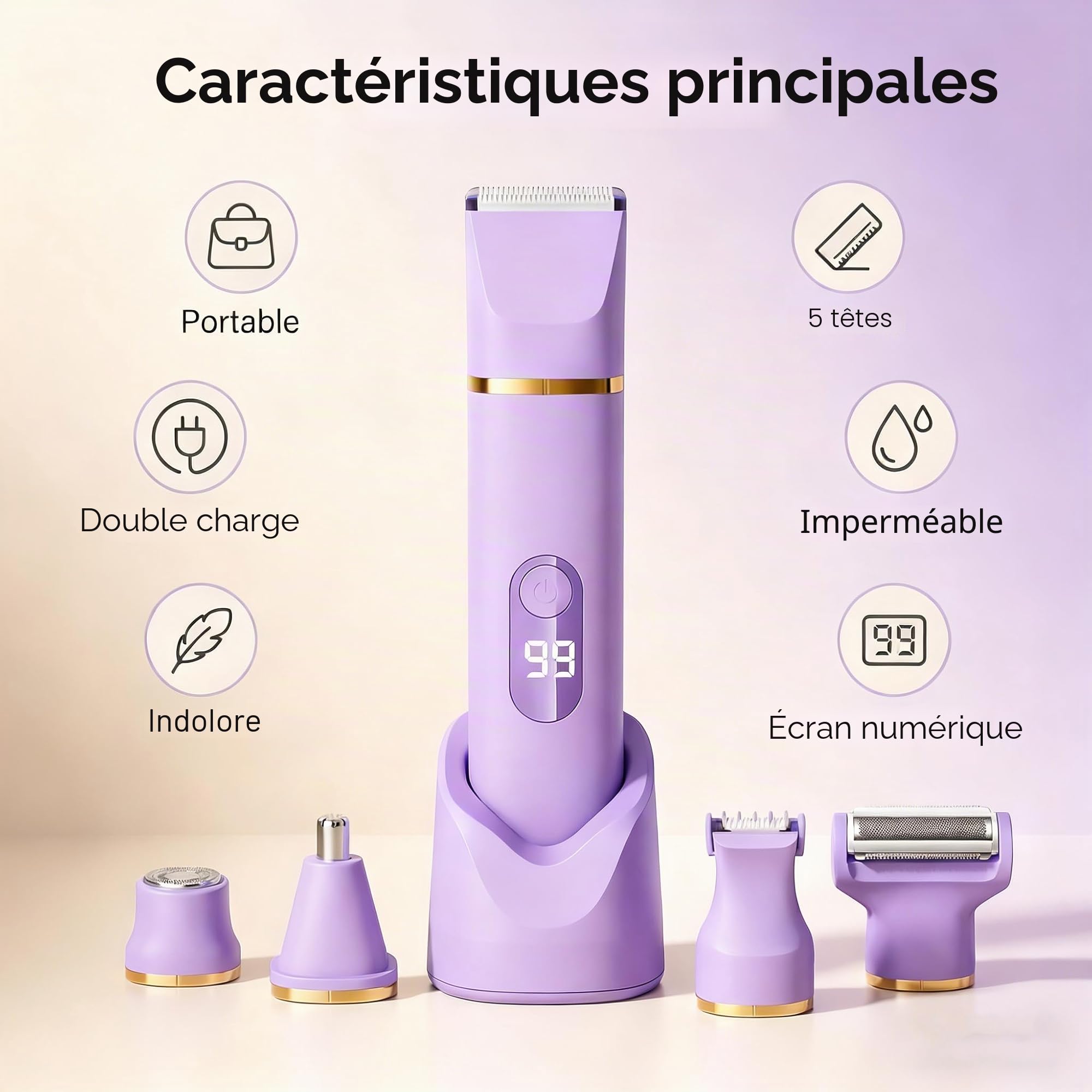 5 en 1 Rasoir Electrique Femme, Tondeuse Maillot humide/sèche, étanche IPX7, Tondeuse Femme Intime pour le visage, les aisselles, les jambes, les bras et le maillot (Violet)