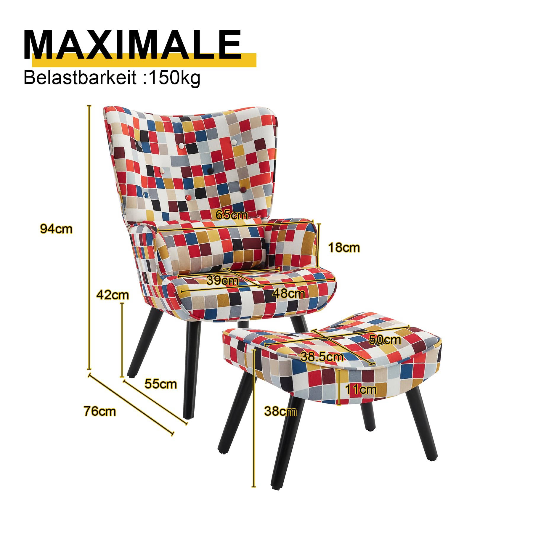 Fauteuil Patchwork Scandinave avec Repose-Pieds Support Lombaire | Fauteuil de Lecture Confortable avec Bois Massif, Tissu Lin et Design Ergonomique, pour Salon, Chambre ou Balcon
