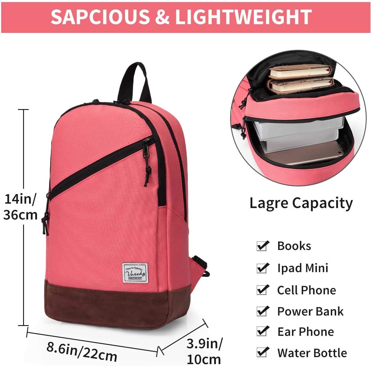VASCHY Sling Bag, Mini Backpack Two Ways to Carry Adjustable Convertible Crossbody Chest Small Backpack