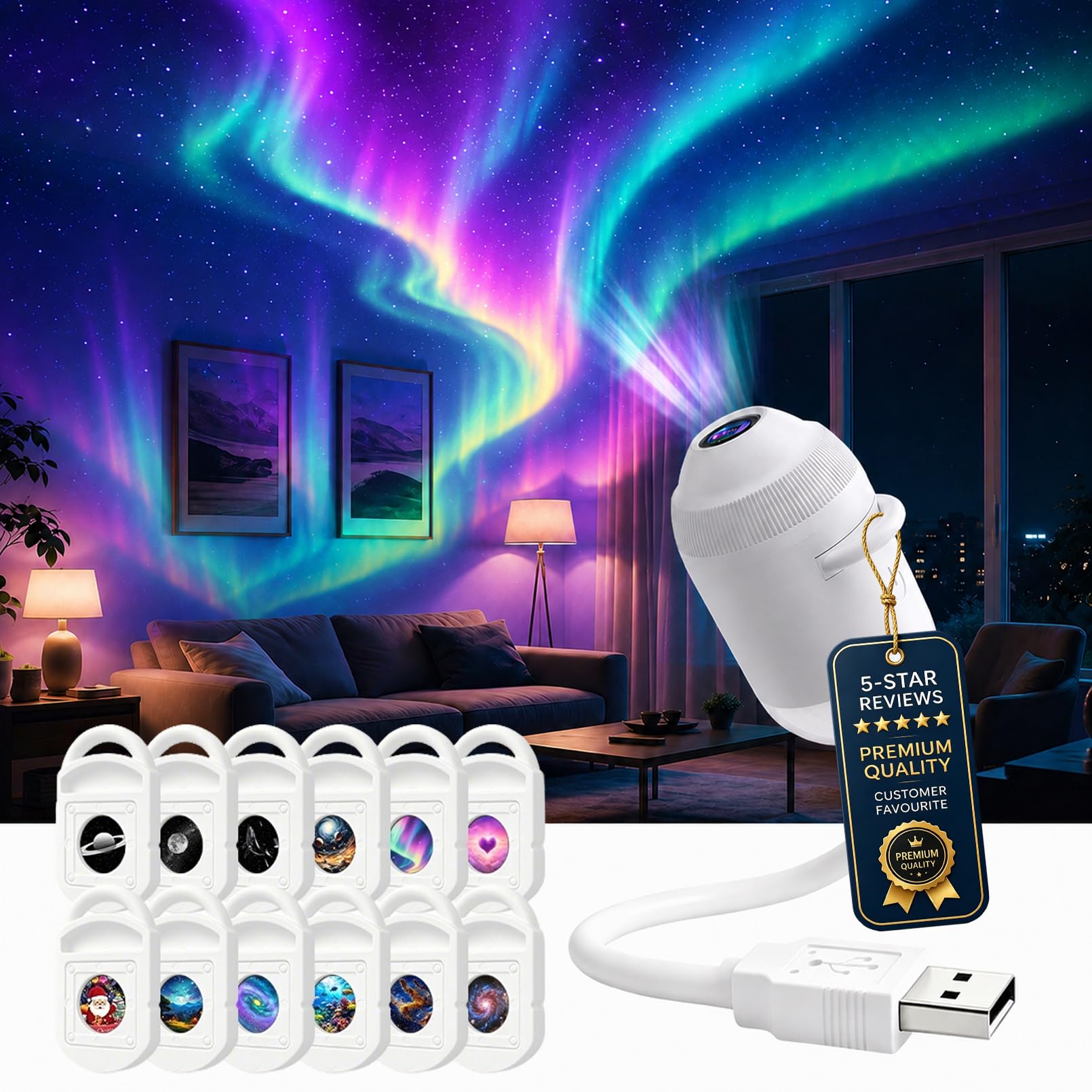 XIANGSHI HD Smart Dynamic 5D Holographic Night Light Projector, Plug and Play HD Star Projector with 3/6/12/24 Projection Films, 360 Rotating USB Powered Ceiling Light for Bedroom Car Roof (12 Films)