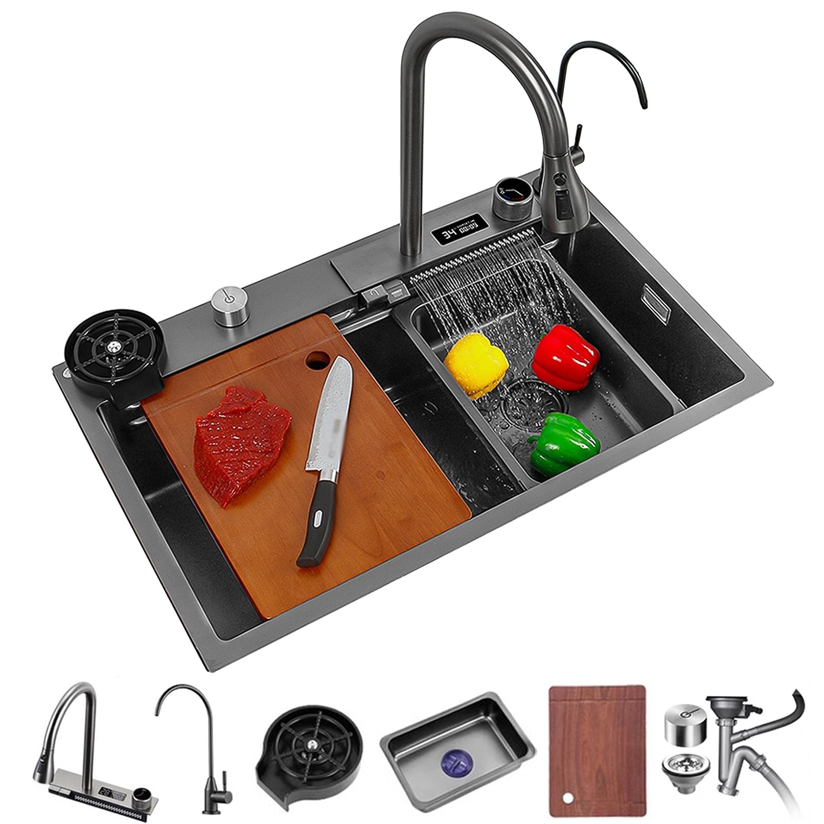 WIQUYBML Kitchen Sink,Digital Display Flying Rain Waterfall Sink,Bar Sink, 304 Stainless Steel With Cup Washer Sinks, Drop-In Or Undermount Installation (Color : Black-Grey, Size 75x46cm)