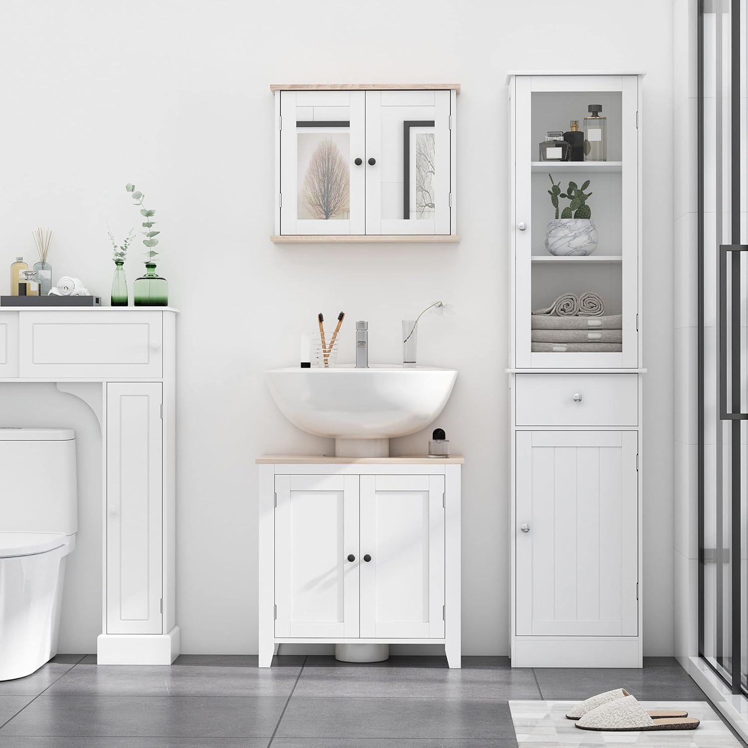 Slim Tower White Storage Cabinet with Anti-Toppling Design