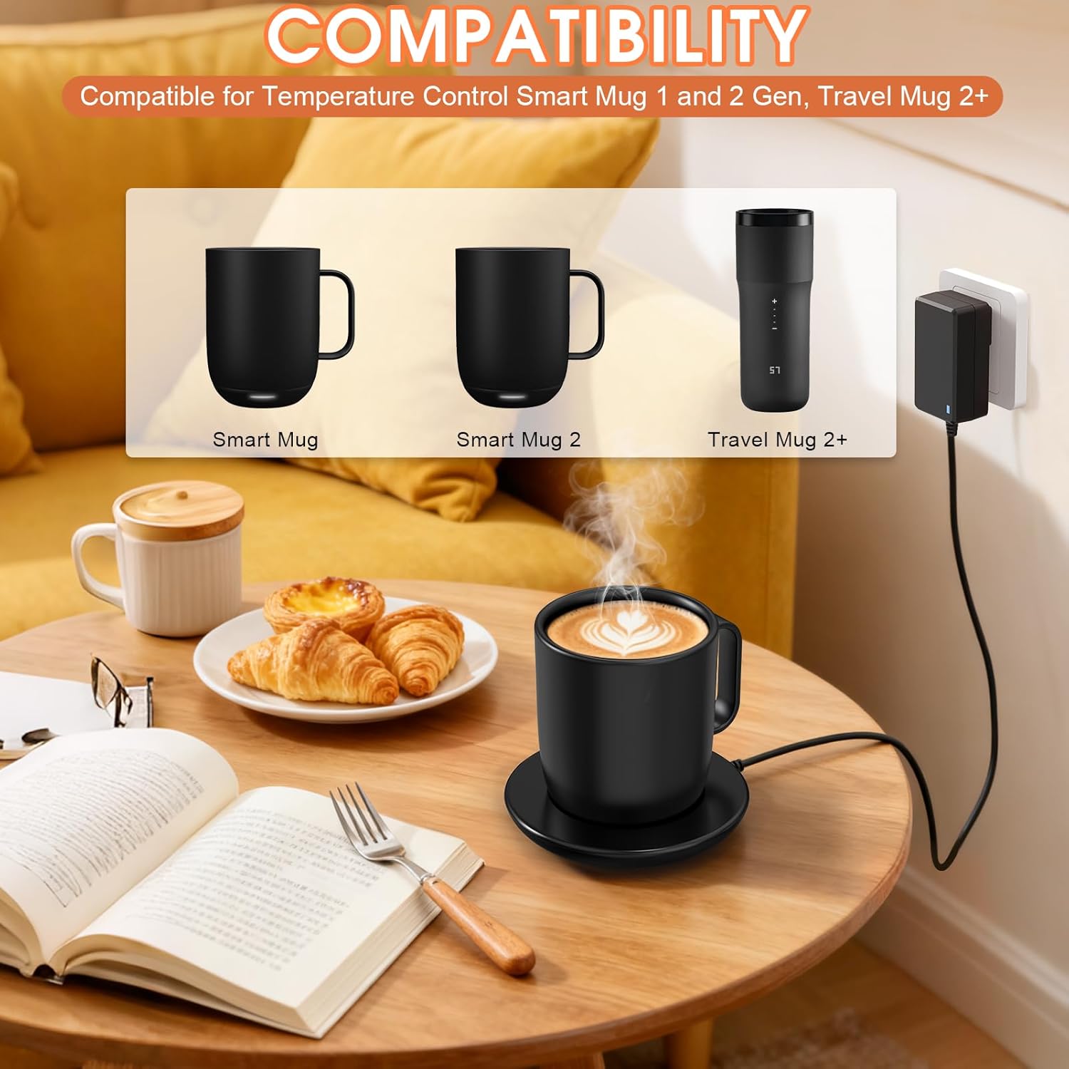 Charging Coaster 2 Compatible with Temperature Control Smart Mug 2 & Mug 1 - Charger Base for Wireless Warmer Cup Accessories - Heated Charger Compatible with Travel Mugs (Black)