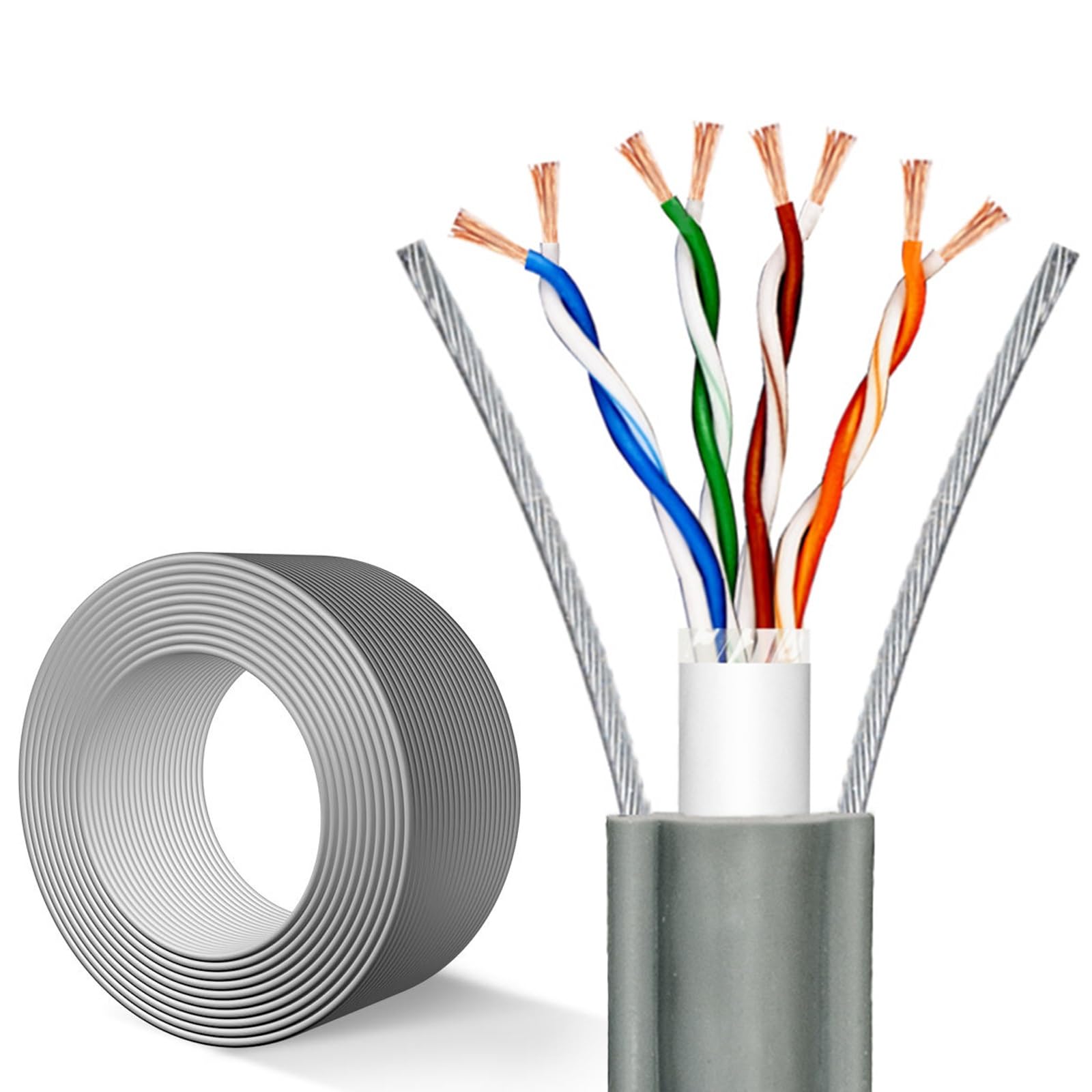 Câble Réseau d'ascenseur Cat5, 8 Conducteurs en Cuivre Pur avec Double Fil d'acier, Câbles Ethernet À Double Blindage for Caméra De Vidéosurveillance, Surveillance(200ft)