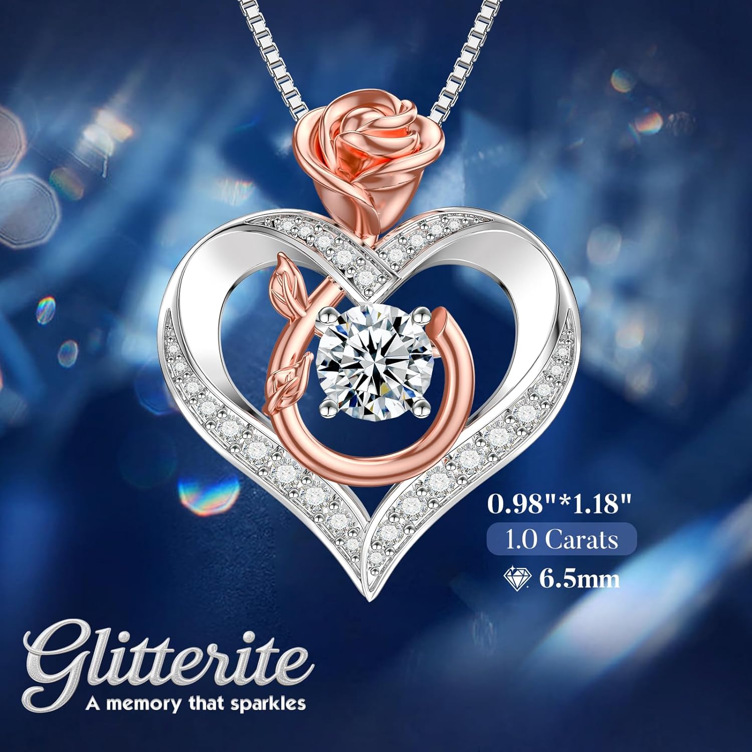 1 Carat Moissanite Necklace for Women, 925 Sterling Silver Rose Heart Pendant Necklace Moissanite Diamond Necklace, Birthday Gift Anniversary Present for Wife, Girlfriend, Daughter, Mom - Image 3