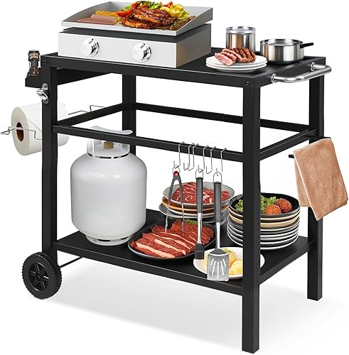 Miniatura 1 de VINGLI Carrito de parrilla para horno de pizza con ruedas, mesa de trabajo de preparación de alimentos de 32.7 x 20 pulgadas con ganchos, soporte