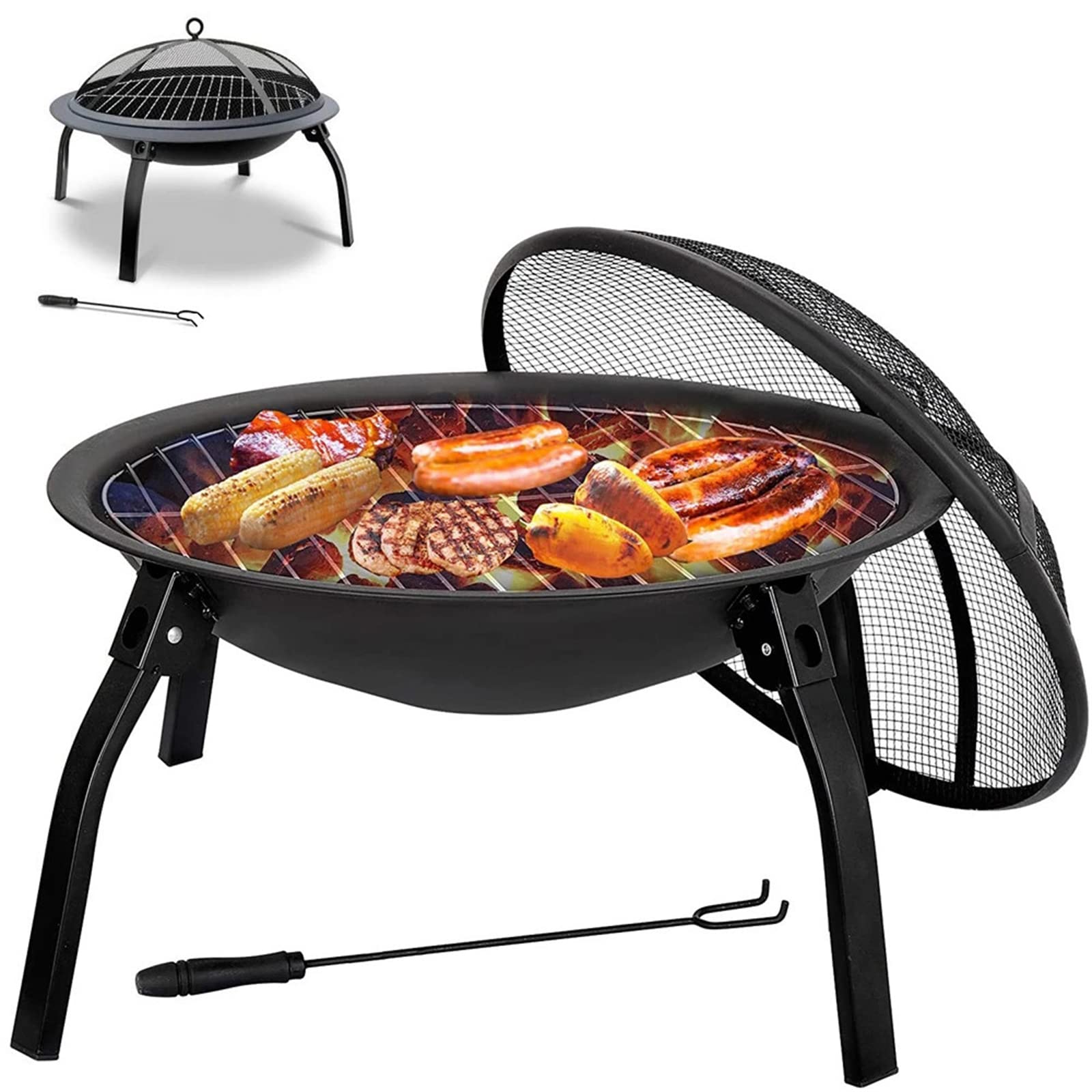 Braséro de jardin multifonctionnel pliable avec tisonnier et couvercle en maille