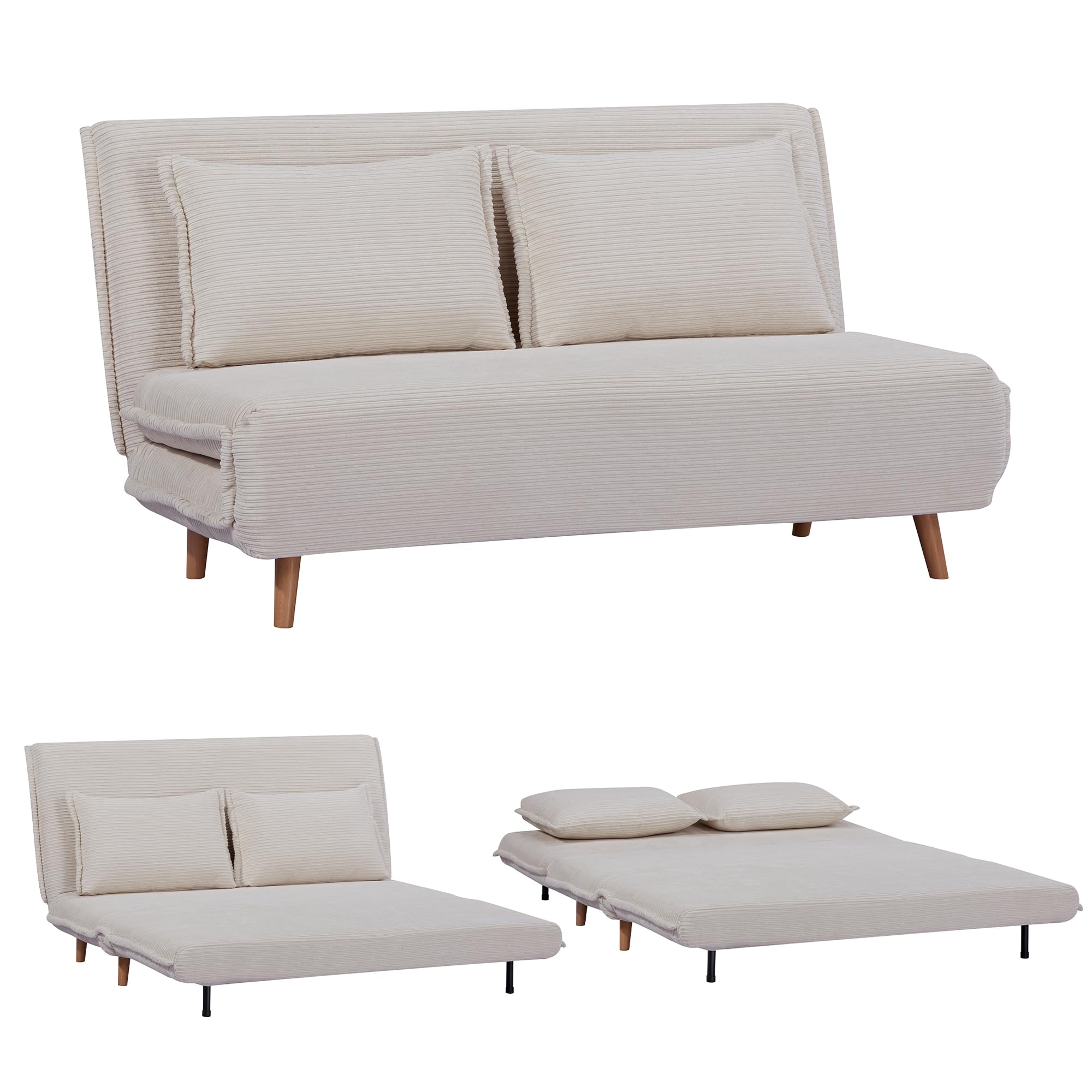 EVERGREENWEB Divano Letto Trasformabile in Letto Matrimoniale 160x190 con Materasso e Coppia Cuscini Imbottiti, Divanetto Clic Clac con Schienale Regolabile 3 Posti con Gambe in Legno, Bianco | VELVET