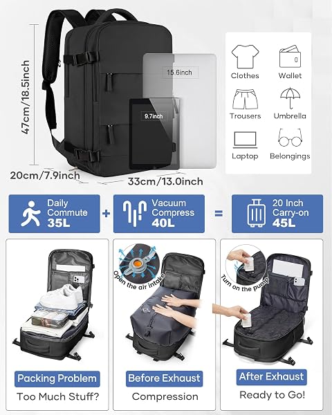 SZLX Sac à Dos Sous Vide Voyage 40x30x20 avec pompe Bagage Cabine 40x30x20 Ryanair Wizz air Easyjet Bagage à Main Sac pour Ordinateur Portable 14 Pouces Femme Homme avec Compartiment Chaussures - 5