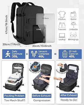 SZLX Vacuum Backpack Travel Bag with Pump Ryanair Cabin Bags Wizzair British Airways Underseat Hand Luggage Carry-ons Travel Backpack Cabin Size Women Men Fit 14 Inch Laptop