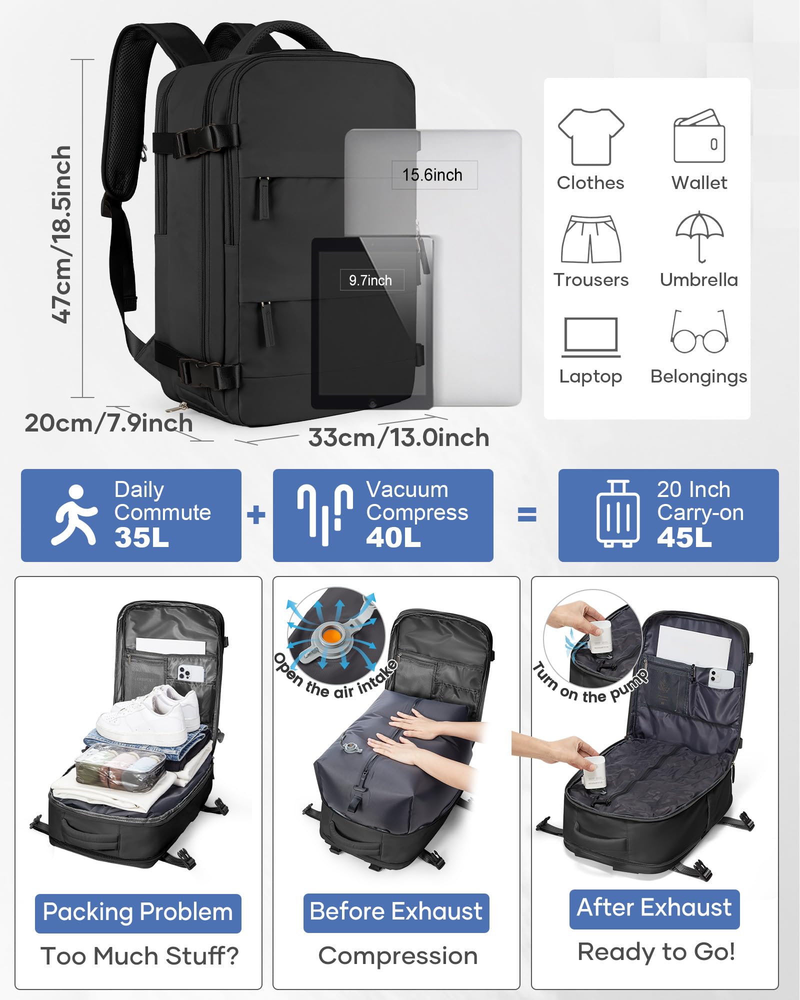 SZLX Zaino Ryanair 40x30x20 Sottovuoto con Pompa Zaino Ryanair 40x20x25 Donna Zaino da Viaggio Wizzair Bagaglio a Mano Uomo per Laptop da 14 Pollici Borse da Cabina 45x36x20 Easyjet con Porta Scarpe