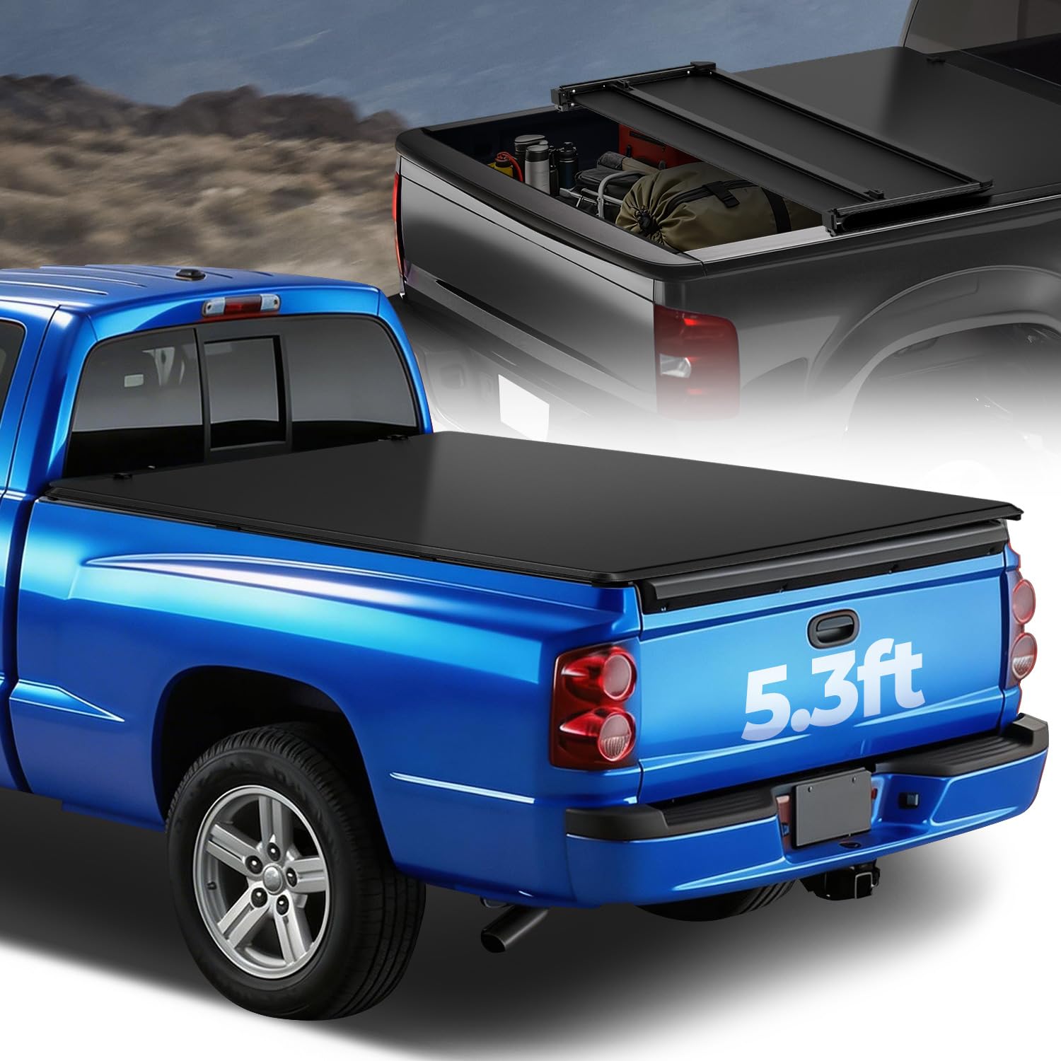 Auto Dynasty Soft Tri-Fold Truck Bed Tonneau Cover Compatible with 2005-2011 Dodge Dakota 5.3Ft Fleetside/Styleside Bed, Matte Black Soft Vinyl Top