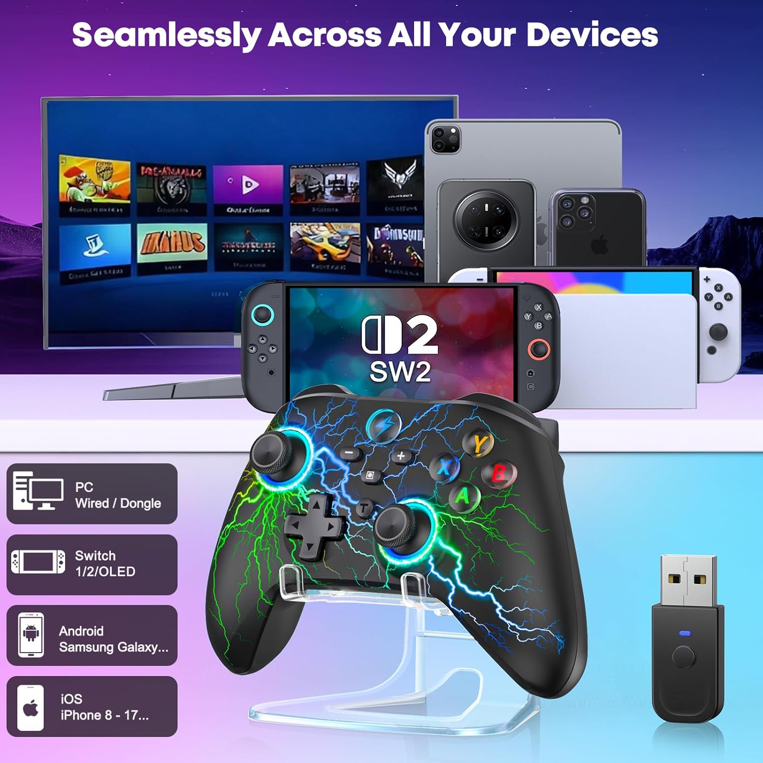 GAMSINGY Wireless PC Gaming Controller -RGB Lightning Pro Gamepad for Windows PC, Switch, Switch 2, Android & iOS, with Programmable Back Buttons, Turbo, 1000mAh Battery & Stand (2.4G/USB-C/Bluetooth)