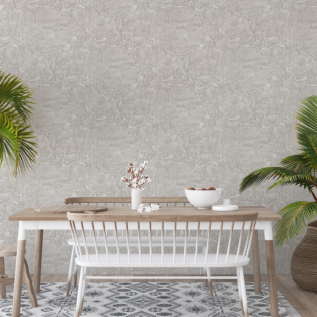 Tempaper Grey Jungle Toile Removable Peel and Stick Wallpaper, 20.5 in X 16.5 ft, Made in The USA